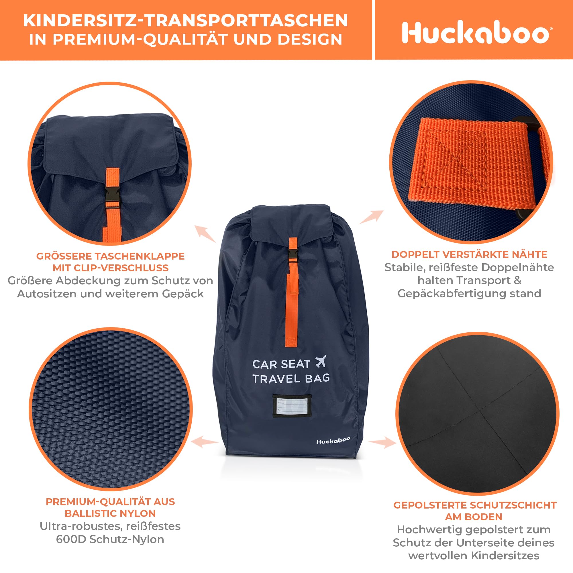 Huckaboo Kindersitz-Transporttasche für Flugzeug – Robuste Tasche für Kindersitz & Babyschale, strapazierfähiges Nylon, Dunkelblau