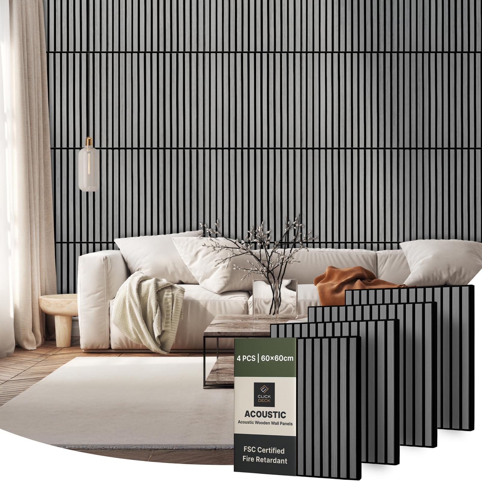 CLICK-DECK Wooden Wall Panels | Premium Acoustic Wall Panels | Slat Wall Panelling | Sound Absorbing | Fire Retardant & FSC Certified | Wood Panels for Walls | Pack of 4 Panels - 60x60cm (Grey Ash)