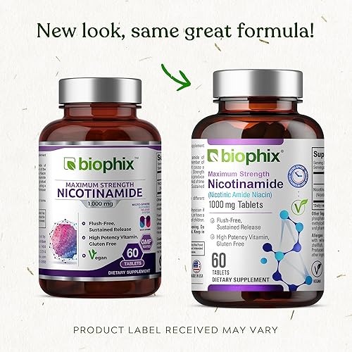 Miniatura 7 de biophix B-3 Nicotinamida 1000 mg 60 comprimidos de liberación temporal extra fuerte – Nicotínica amida niacina fórmula de vitamina natural sin rubor