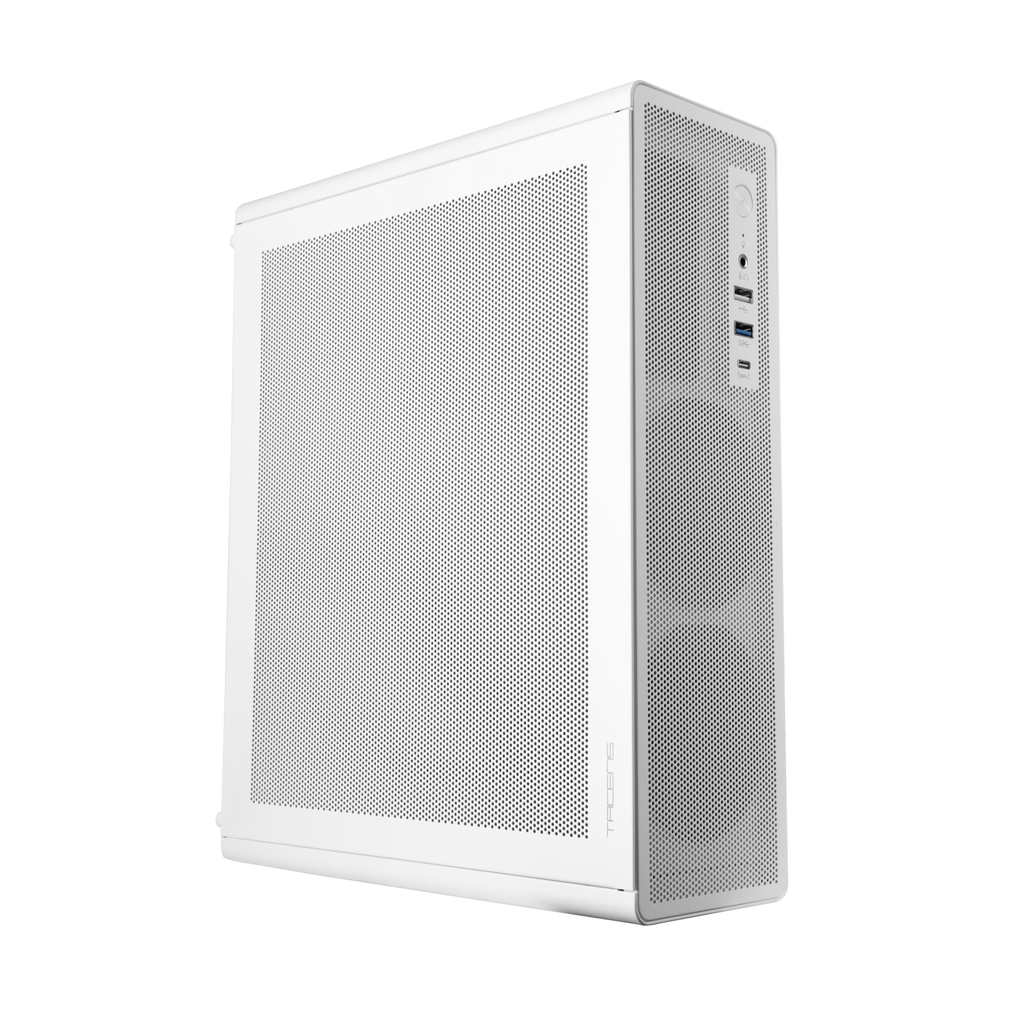 Tacens AEROSLIM500 MicroATX PC Case, white, viewed from an angle showing the front panel and side mesh.