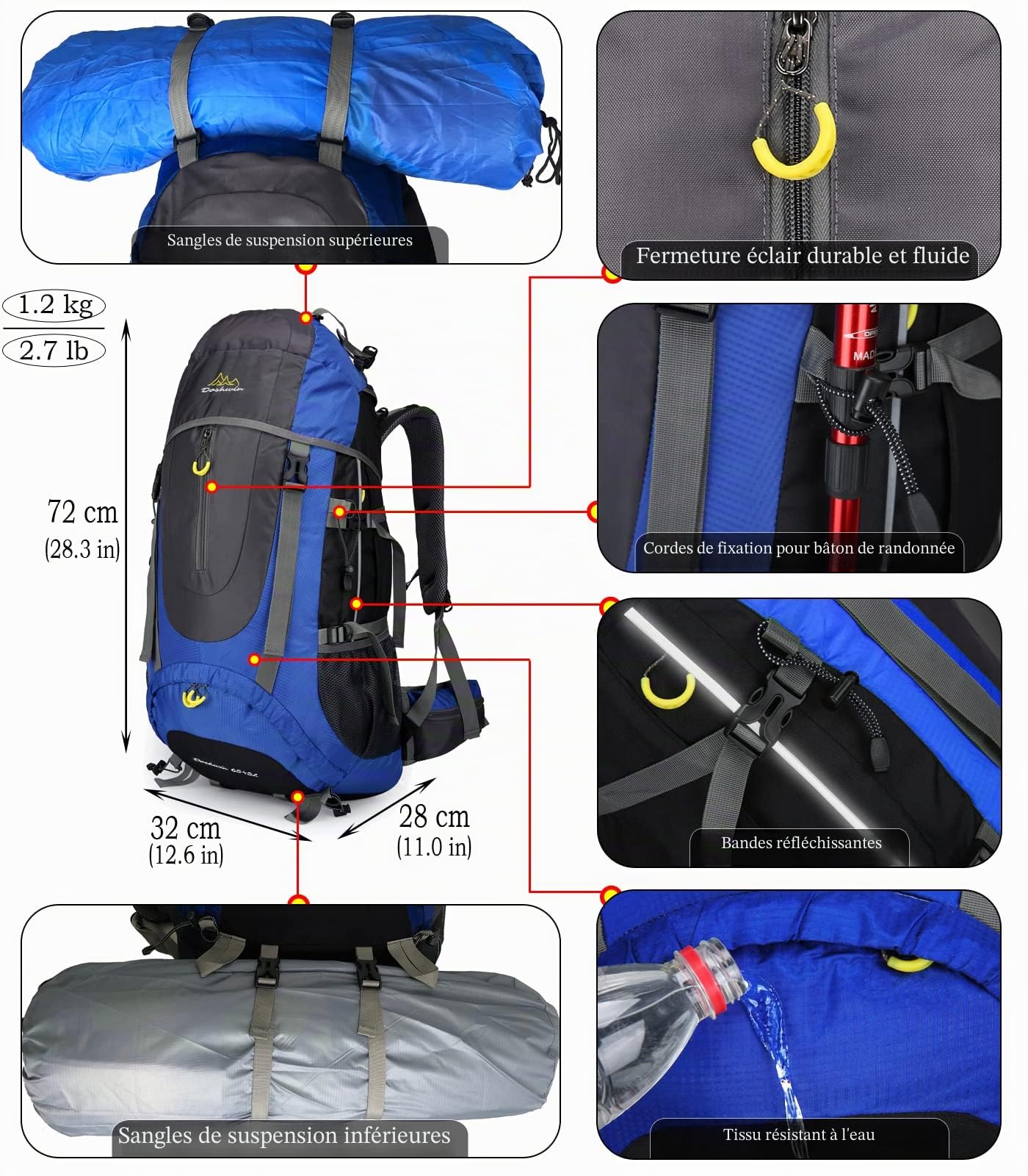 70L Sac à Dos Trekking Camping Voyage Randonnée Grand Homme Femme