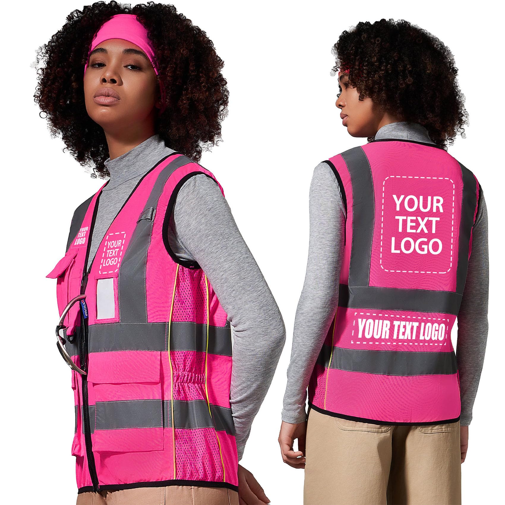 AYKRM personalised Pink Women Hi Vis Vests Pink High Visibility Reflective Safety Security Vest with Pockets zipper