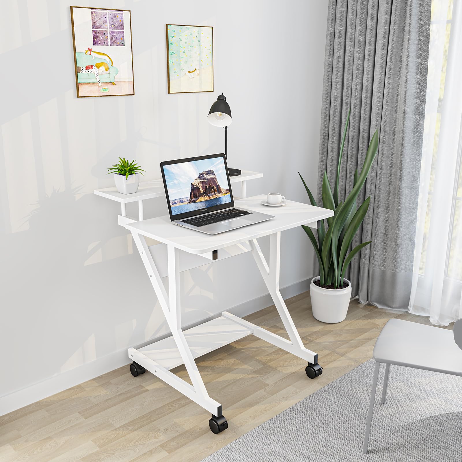 Dripex Computertisch mit Rollen Z-förmiger Schreibtisch, Mobiler Laptoptisch mit Regalen für kleine Räume, Home Office 70x60x73CM Weiß