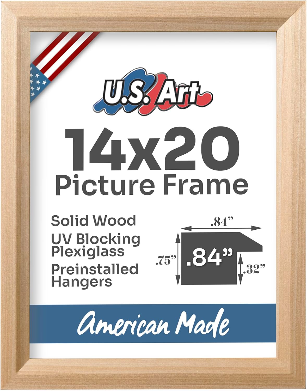 Unfinished Raw Wood 14x20 Picture Frame Beveled .84" Inch Wide - Unfinished Raw Wood Wall Decor Handmade Solid Wood Frames with Preinstalled Hangers and UV Blocking Plexiglass 20x14 Frame