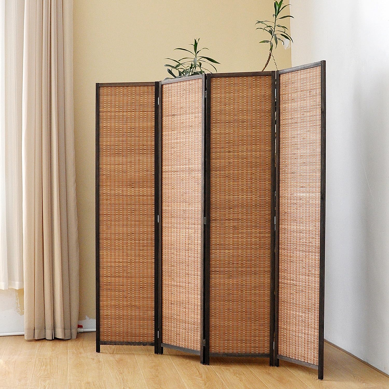 Divisor de habitación de 4 paneles, divisor de panel de bambú de 5.6 pies de alto, pantalla de privacidad plegable, divisor de habitación independiente para separación de habitación, marrón 2