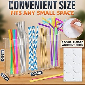 9.5" Large Acrylic Straw Holder for Cabinet Door with Stickers Peel and Stick Straw Holder for Drawer, for Straws, Makeup Brushes, Kitchen Utensils Includes Strong Adhesive Tape for Easy Mounting
