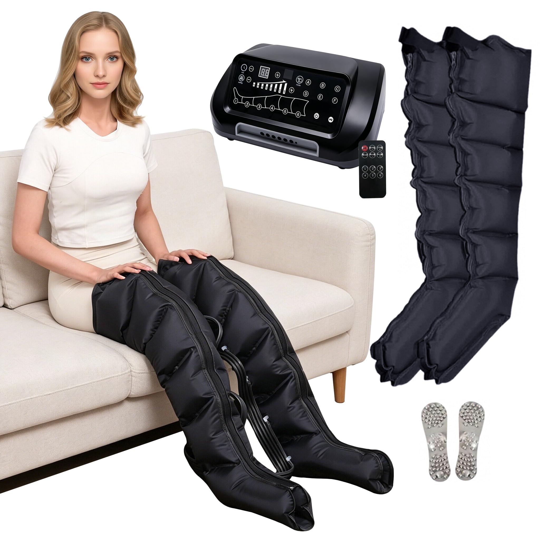 Botas de Presoterapia para Piernas, Presoterapia para Casa Piernas Abdomen y Brazos, 6 Cámaras Máquina Masajeador para Circulación y Drenaje Linfático, 6 Programas de Masaje