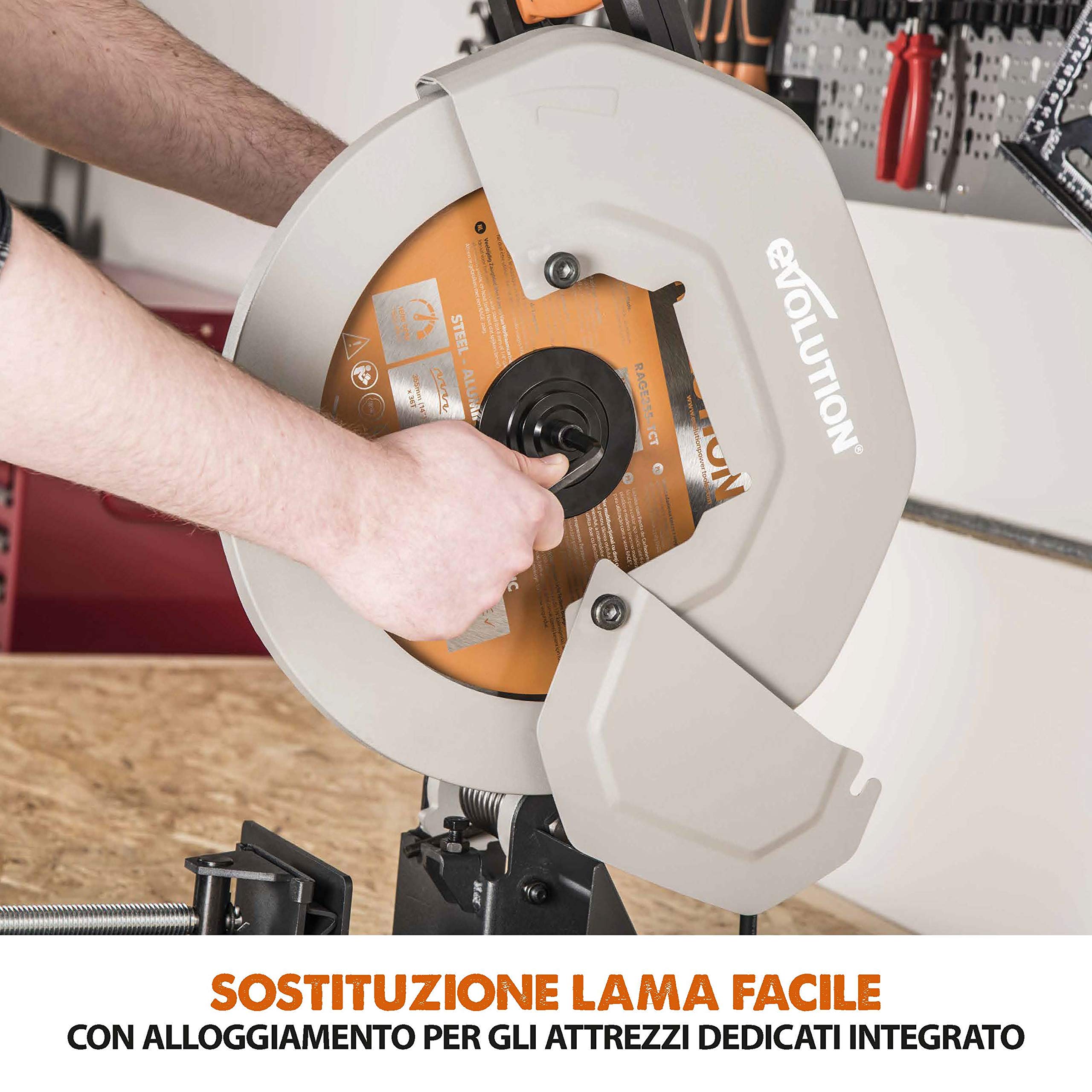 Evolution Power Tools 083-0003 R355Cps Troncatrice Per Ferro Multi Materiale, Esegue Tagli Su Acciaio, Alluminio, Plastica E Legno Anche Con Chiodi, 355 mm