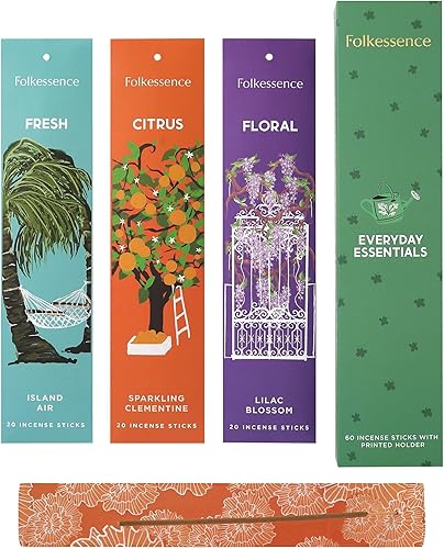 Folkulture Varitas de incienso con soporte, juego de 3 Insenses (60 varillas de insencia) para la calma, Clementina, lila, Island Air Inscents,