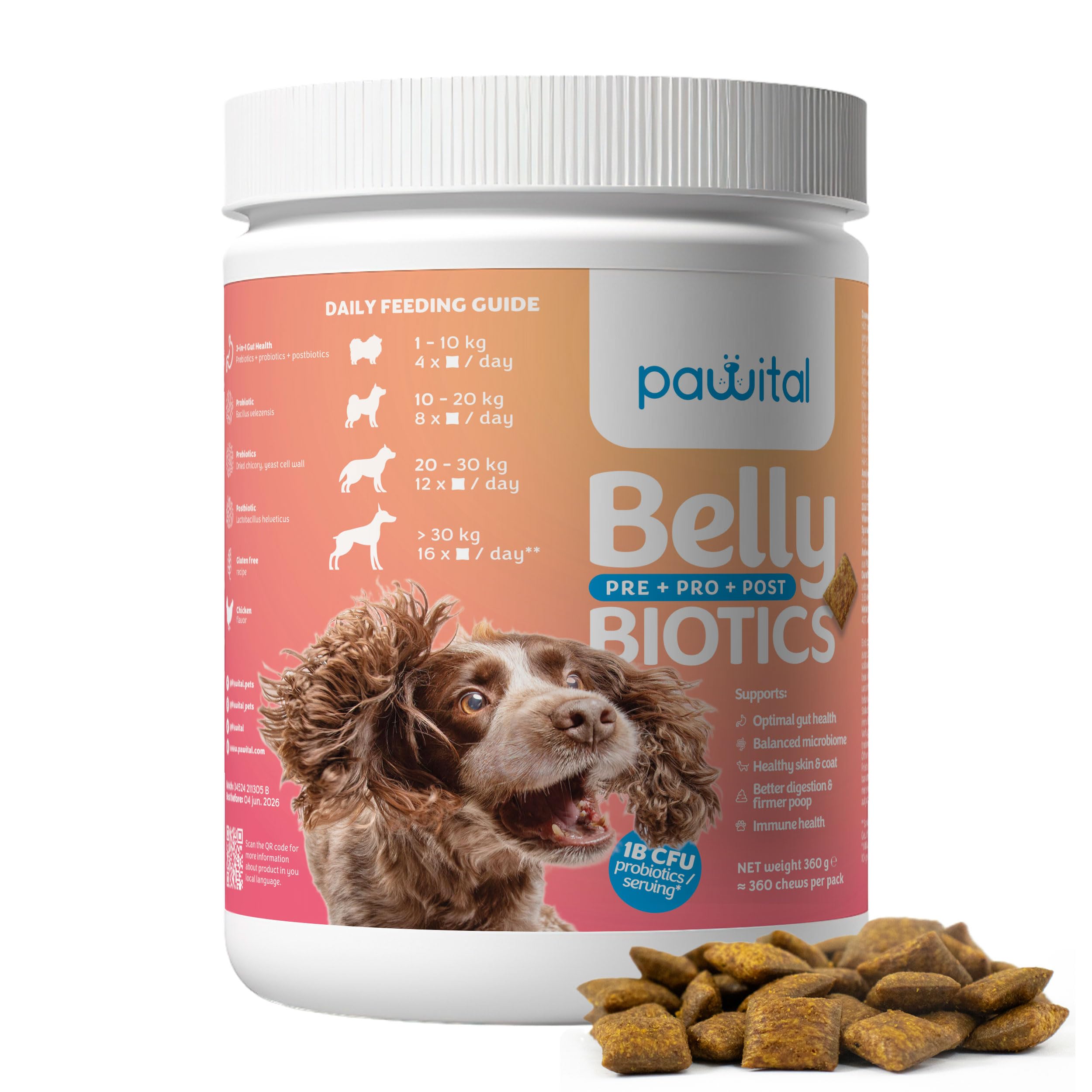 Pawital Belly Biotics: Prebiotic, probiotic and postbiotic 3-in-1 dog snack  – for excessive paw licking, itching and digestive problems – 1 B KBE – ...