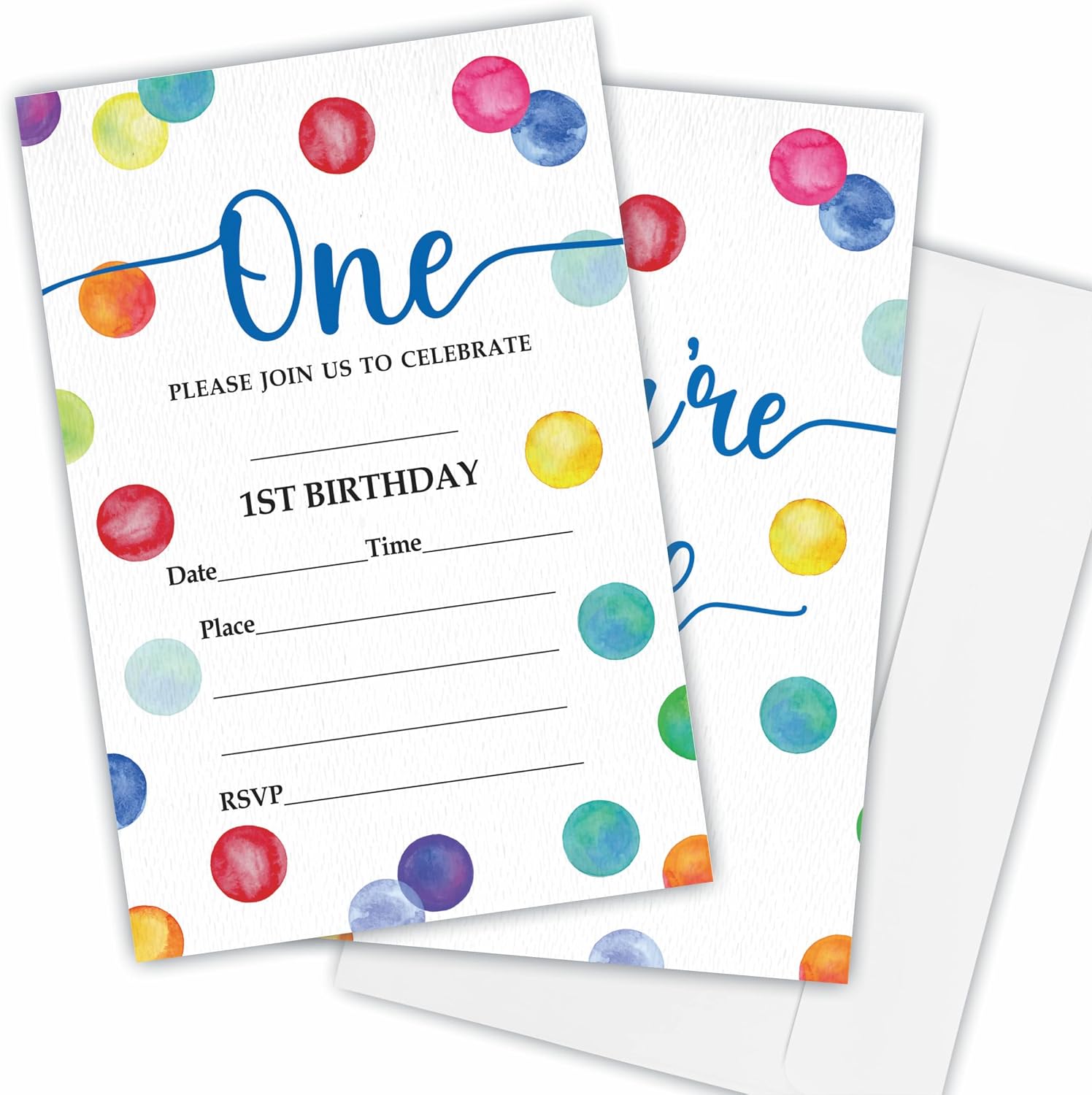 1St Colorful Spot Birthday Invitation(4"X 6"), First Birthday Watercolor Double-Sided Invites, 20 Birthday Invitations With Envelopes, Party Decoration & Supplies - A02