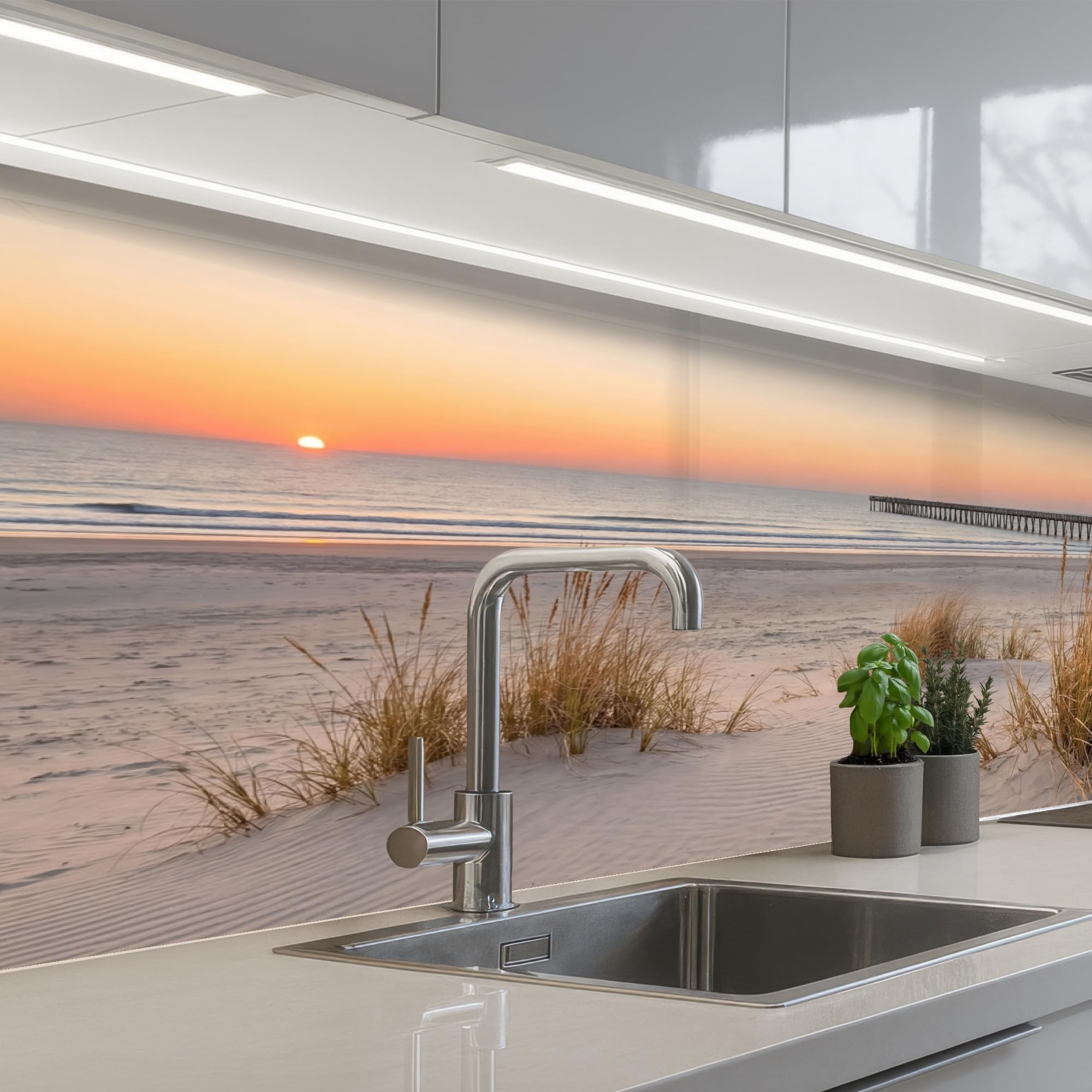 KitchenYeah© Küchenrückwand Selbstklebend 60x150 cm Küchenspritzschutz Rückwand Wandschutz Ohne Bohren Spritzschutz Wand Wandverkleidung Pier - Sonnenuntergang - Strand