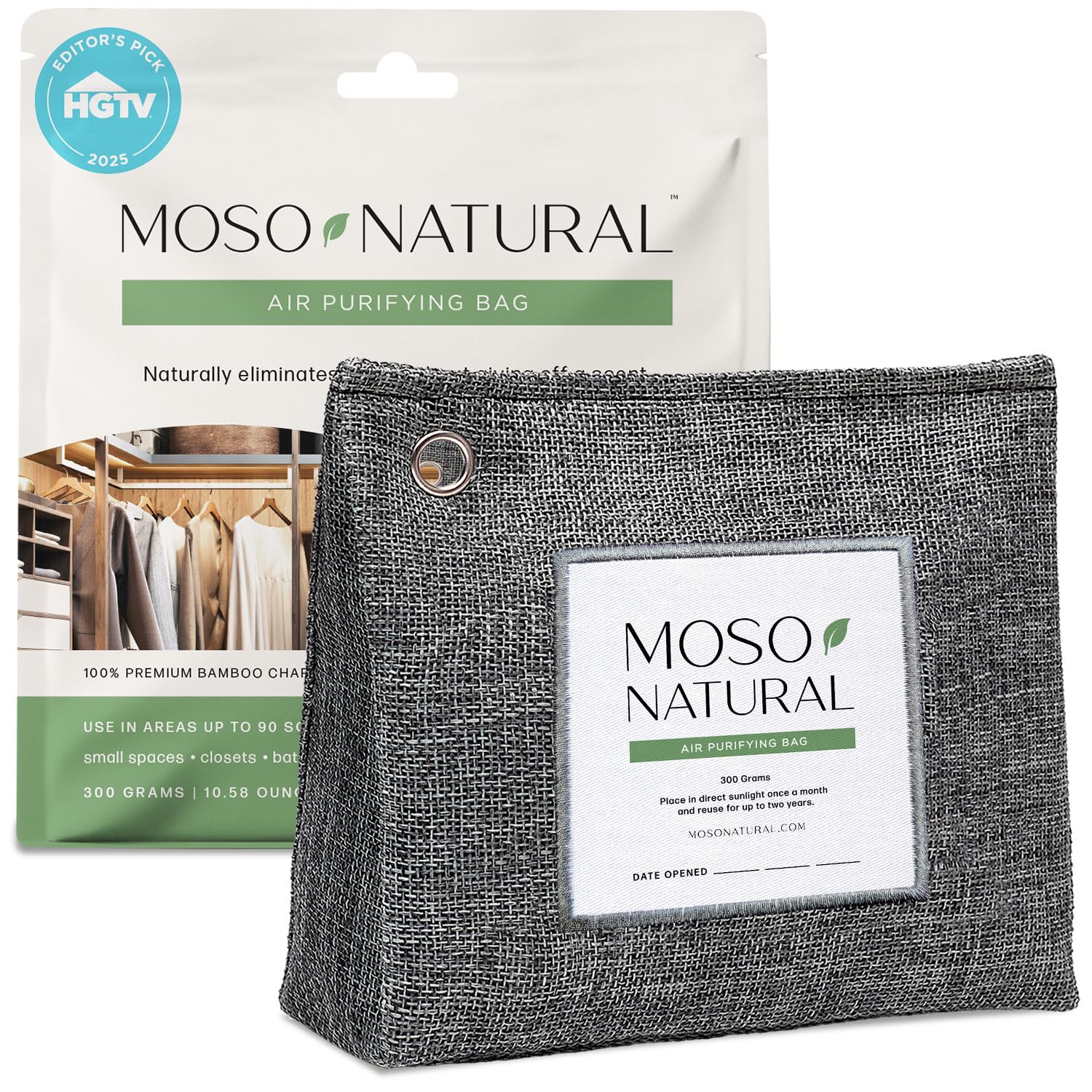 MOSO NATURAL Bamboo Charcoal Air Purifying Bag. 300G Stand Up Design. For Closets, Bathrooms, Pet Areas. An Unscented, Chemical-Free Odor Eliminator (Charcoal), Long Lasting Bag | Lasts up to 2 years!