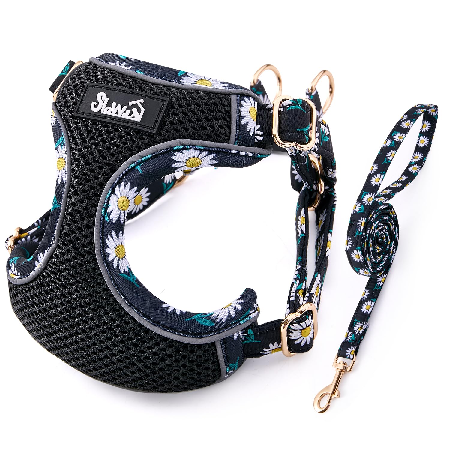SlowTon Hundegeschirr mit Leine, No-Pull leichtes weiches Wildleder-Welpengeschirr mit Blumenmuster und Schnappschnalle, verstellbares Geschirr Hund für kleine und mittelgroße Hunde