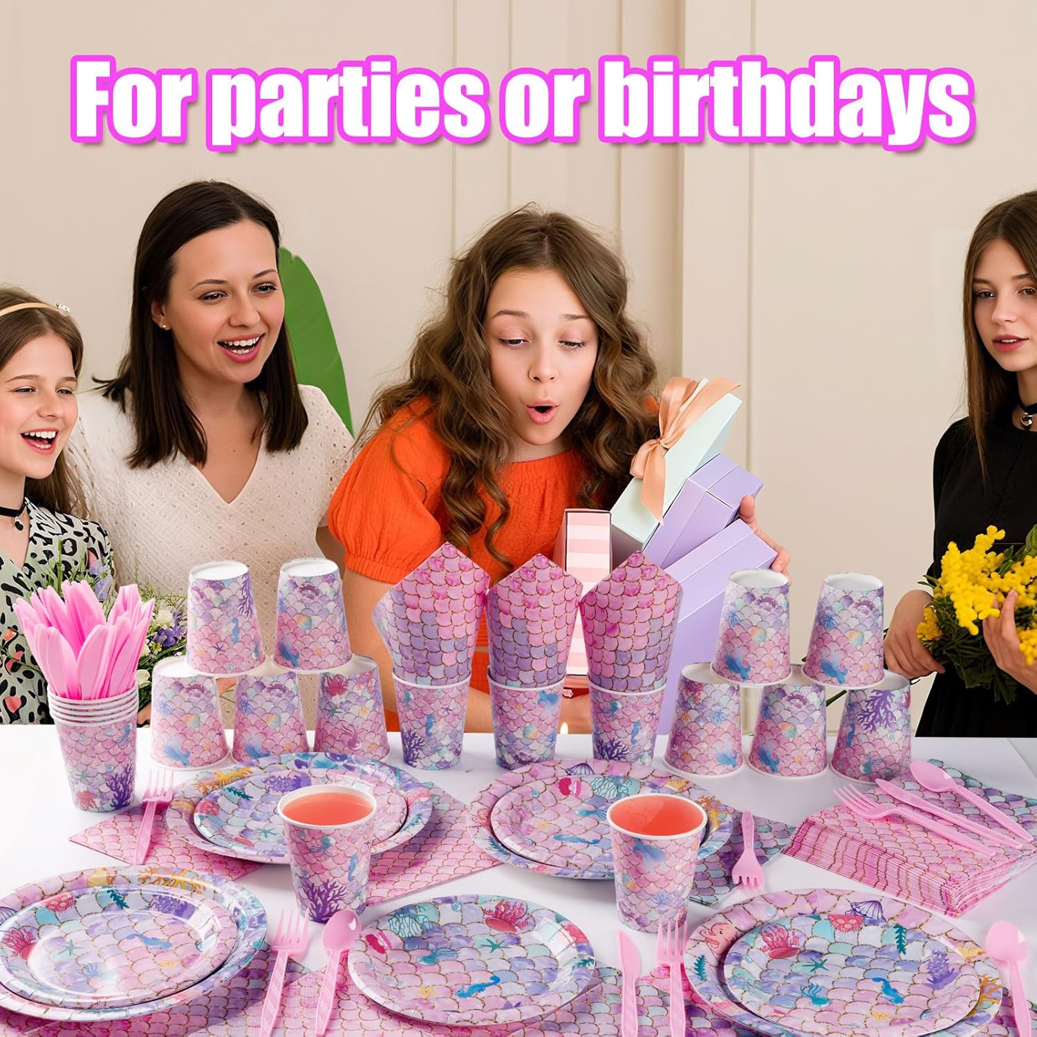 350pcs Mermaid Birthday Party Decorations for 50 Guests Include Paper Plate, Napkin, Cup and Disposable Plastic Cutlery