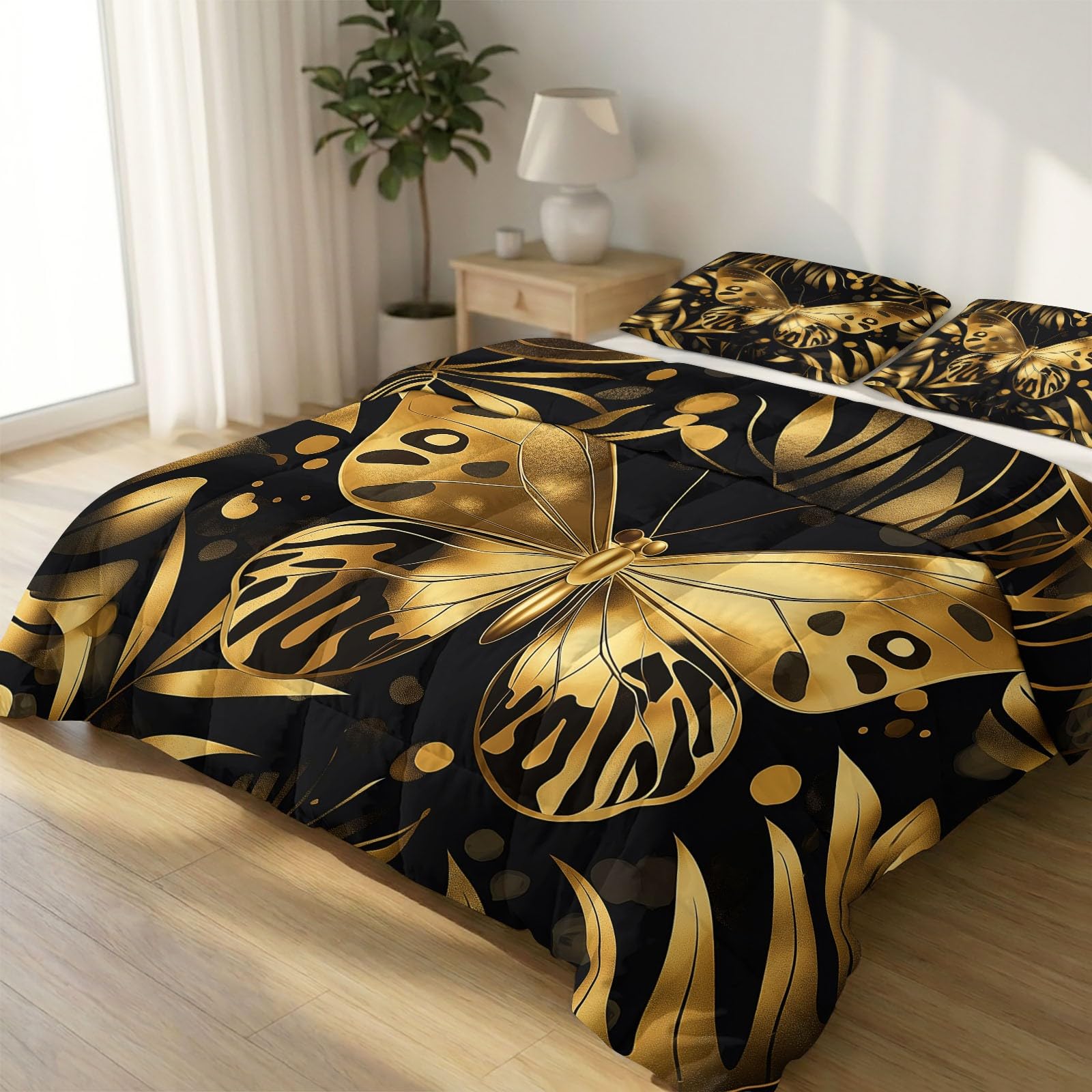 Couette 4 Saisons 240x220 cm avec Taies Papillon Doré Édredon de Luxe