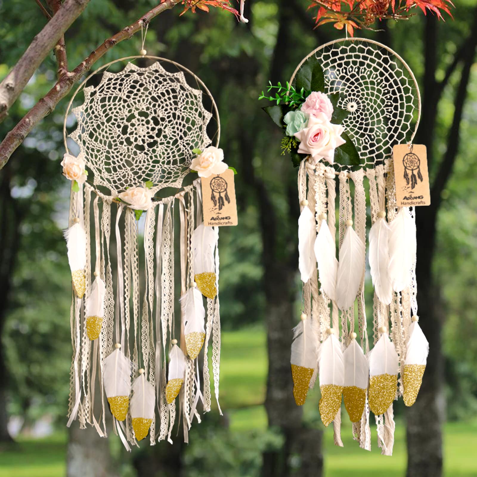 AIXIANG 2Pack Extra Large Boho Dream Catcher, White Gold Feather Dream Catcher Wall Decor, Wedding Decoration, Birthday Gift for Girls, from Daughter (Dia 9.8" Length 27.5")