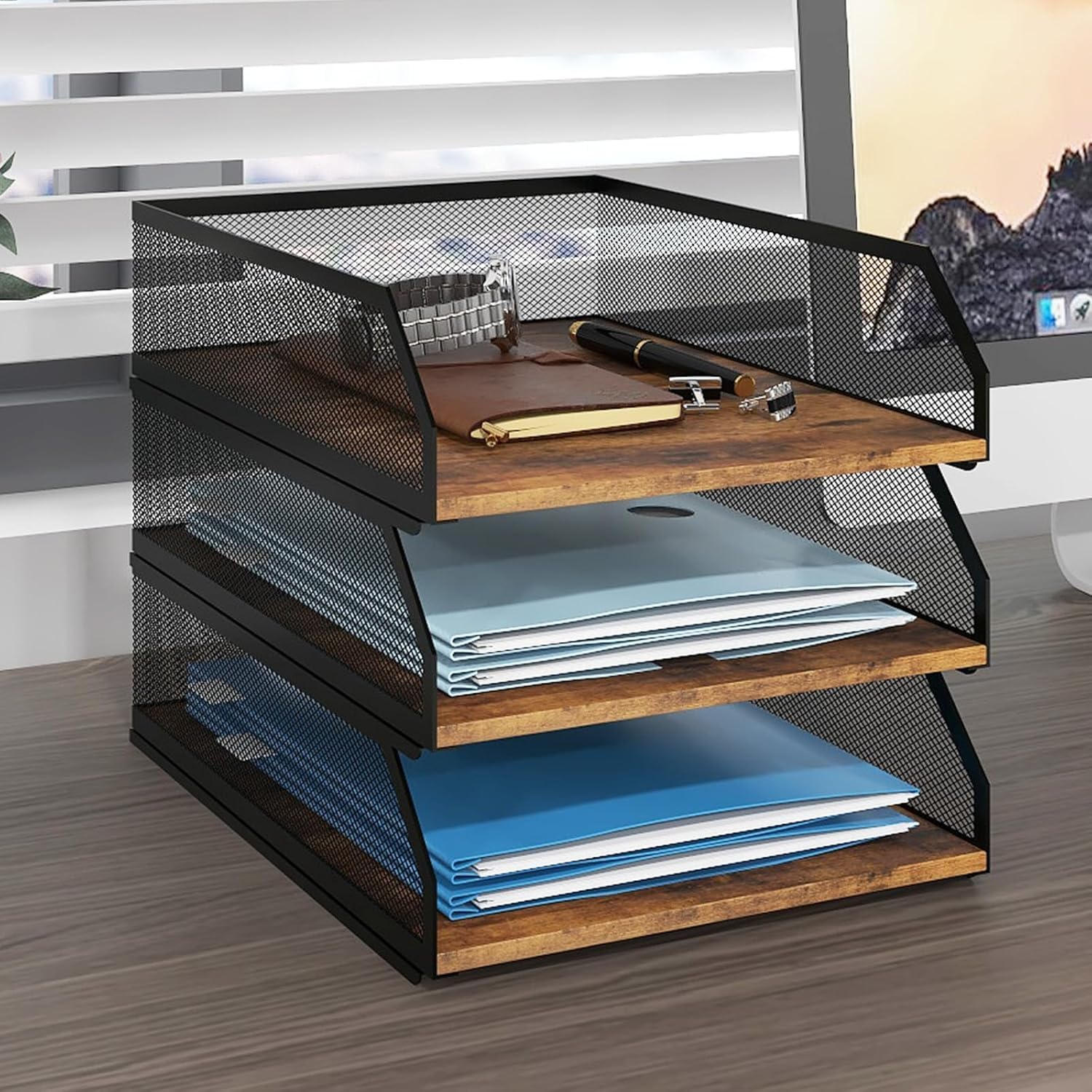 PUNCIA 3-Tier Stackable Paper Tray, Metal Mesh Desktop Organizer, Wood Board Paper Sorter, Letter Trays,File Document Storage Rack for for Home, Office, School (Retro)