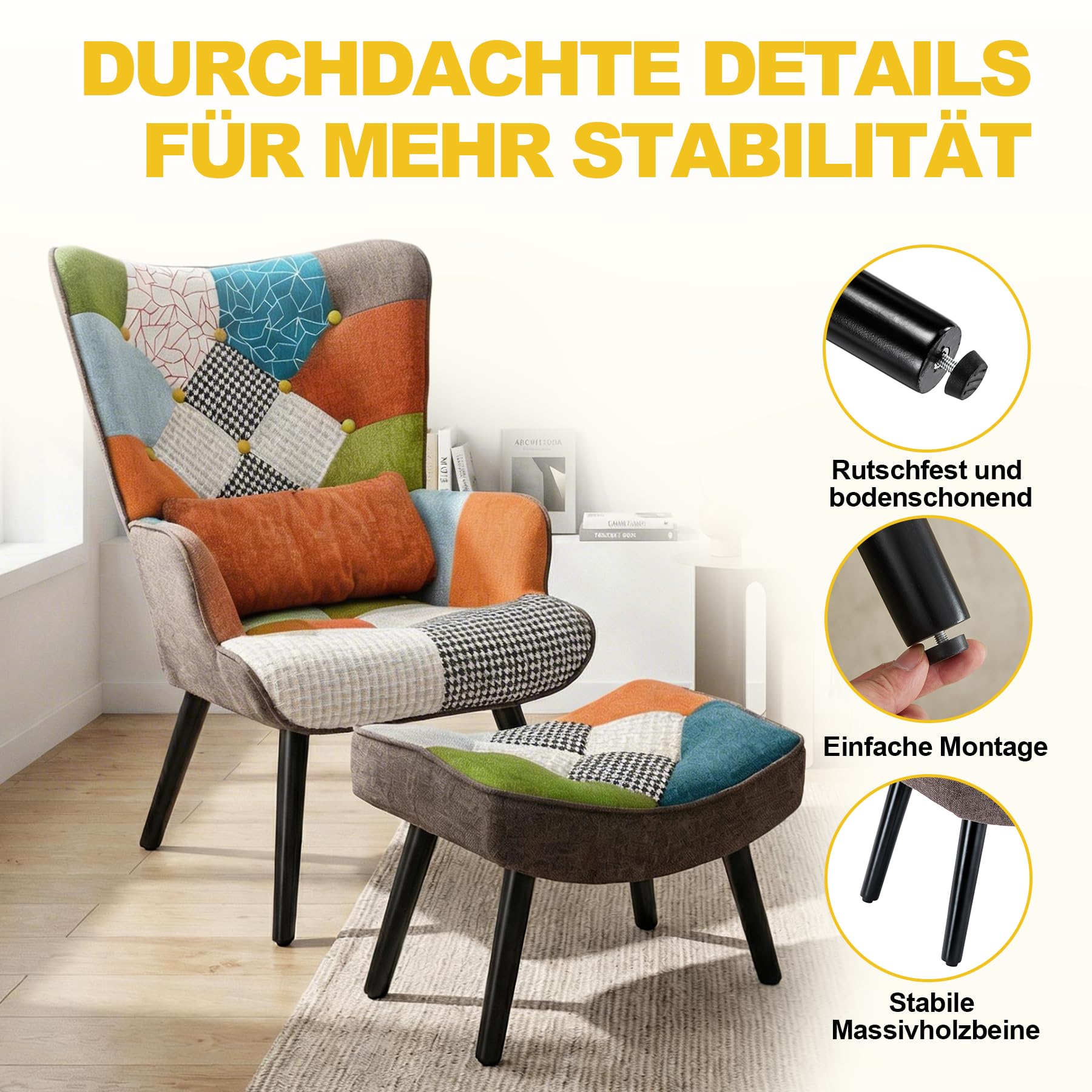 Relaxsessel mit Hocker&Lendenkissen, Patchwork Ohrensessel Orange, Leinen Loungesessel Massivholzfüße, Moderner Sessel für Wohnzimmer Schlafzimmer, Frühjahrsangebot Frühjahrsdekoration