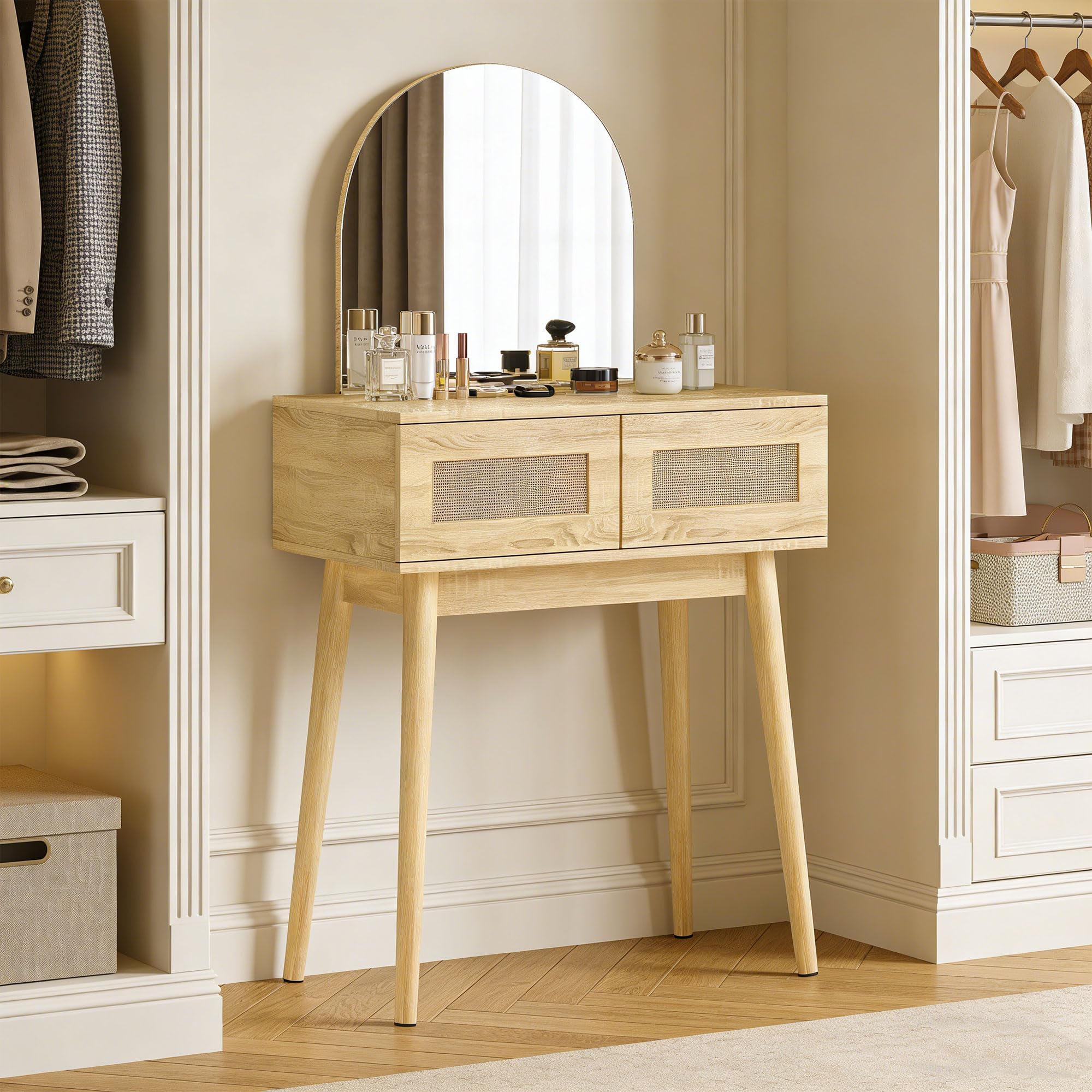 HOMCOM Tocador con Espejo Arqueado, Mesa de Maquillaje Moderna con 2 Cajones con Frontal de Ratán, Tocador de Maquillaje para Dormitorio, Espacios Pequeños, Natural