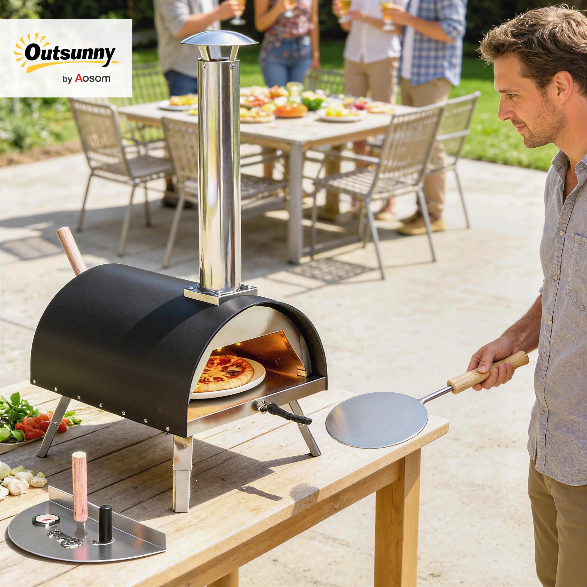 Outsunny Horno de pizza al aire libre de 12 pulgadas para mesa, portátil de pellets de madera con piedra giratoria, termómetro, chimenea extraíble, pelar, patas plegables, parrilla de acero inoxidable