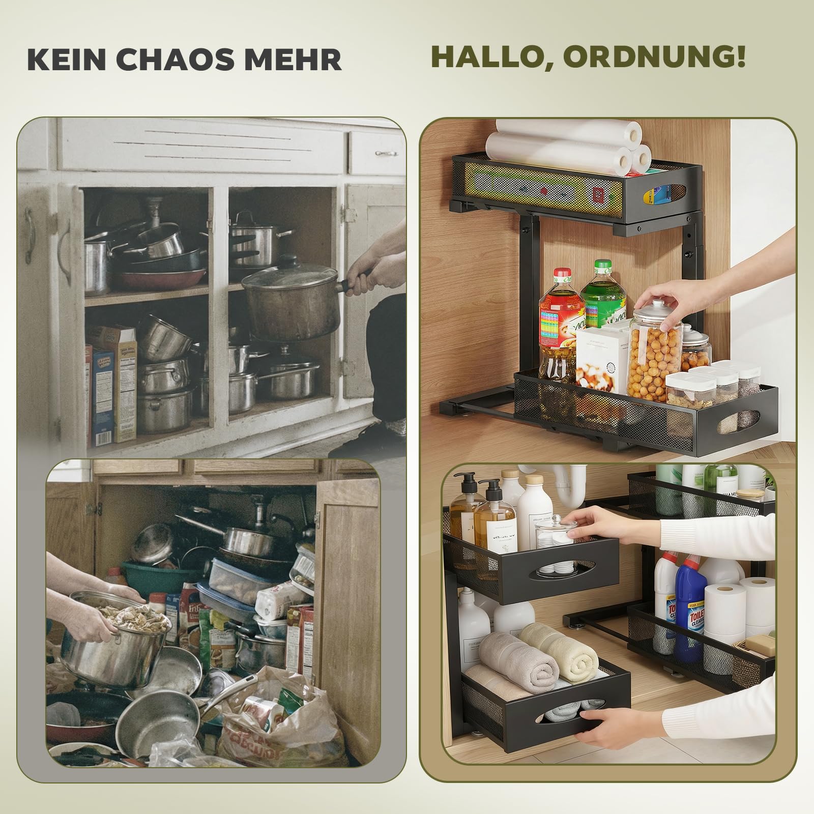 Ausziehbarer Schrankorganizer, 2-stöckiger Metallkorb mit Mesh-Schubladen für Küche (Untertisch), Bad, Vorratsschrank
