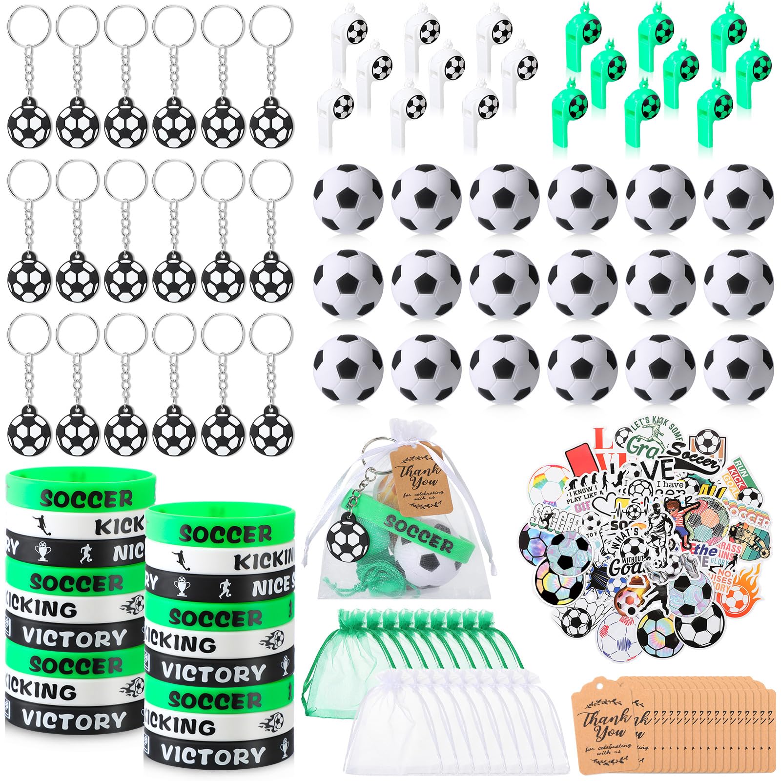 Hungdao 158 Pcs Soccer Party Favors for 18 Kids Includes Mini Bouncy Soccer Keychain Whistle Bracelets Thank You Card Stickers Organza Bag for Sports