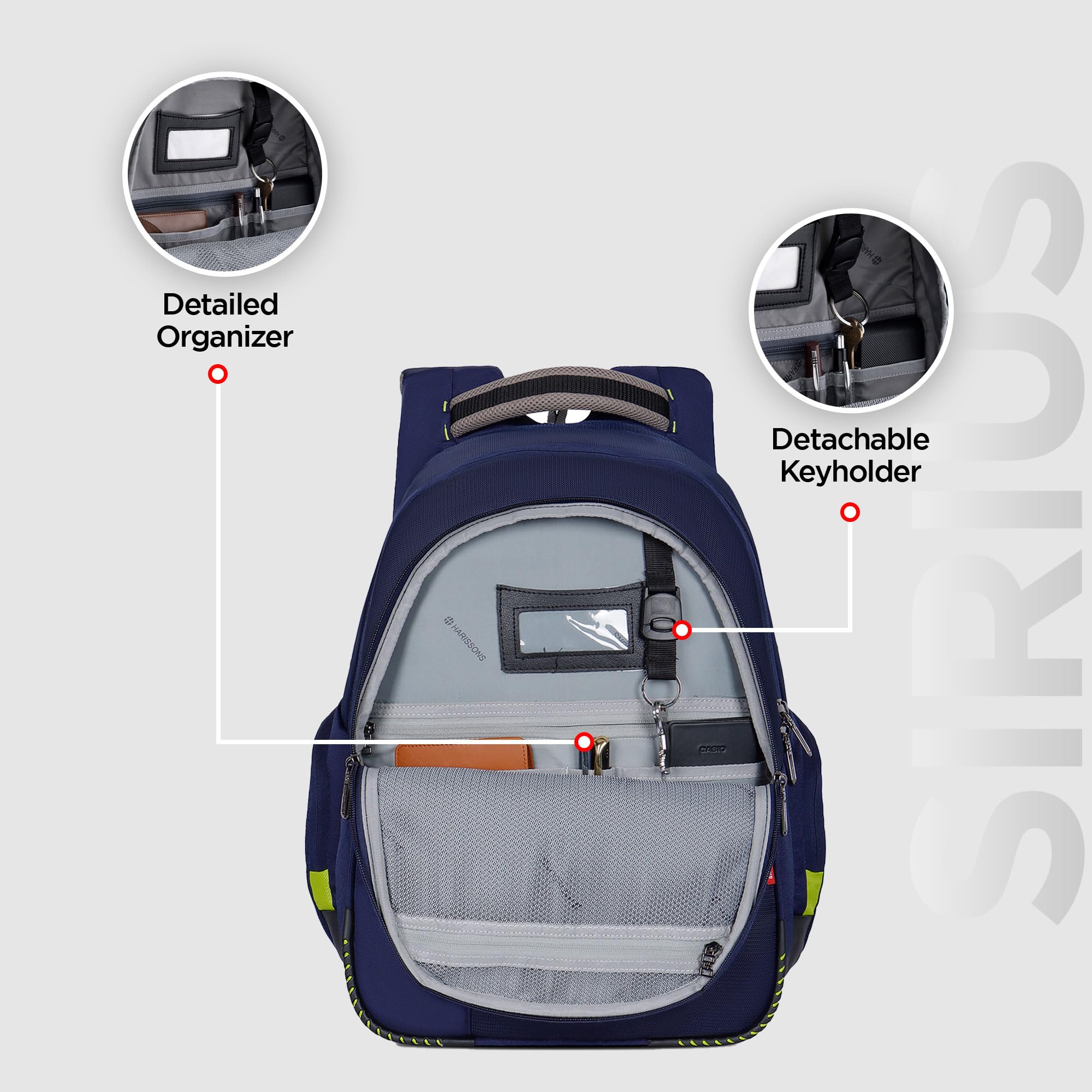 HARISSONS Sirius Travel Laptop Backpack | 45L | Fits 15.6β Laptop | Heavy-Duty Build | USB & Audio Port, Multi-Level Organizer, Trolley Sleeve | Work, Travel & College (Navy Blue) 1