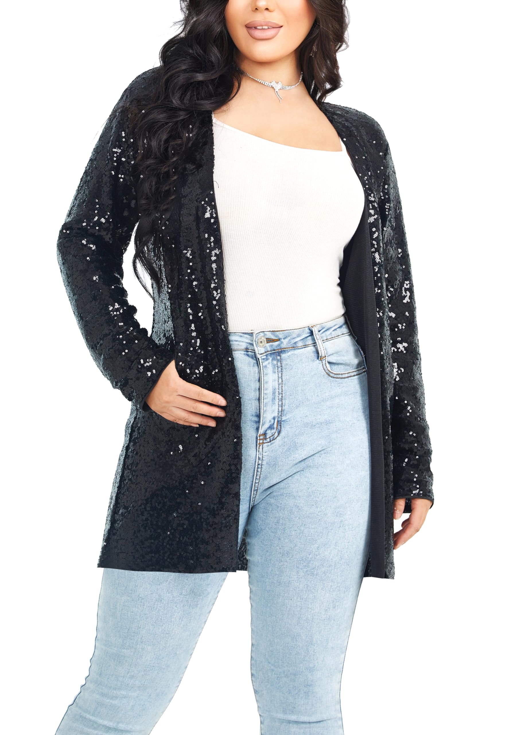 Ladies Glitter Giacca Glitter Blazer Elegante Frontale Aperto Maniche Lunge Glitter Cardigan Festiva Giacca a Maglia Party Club