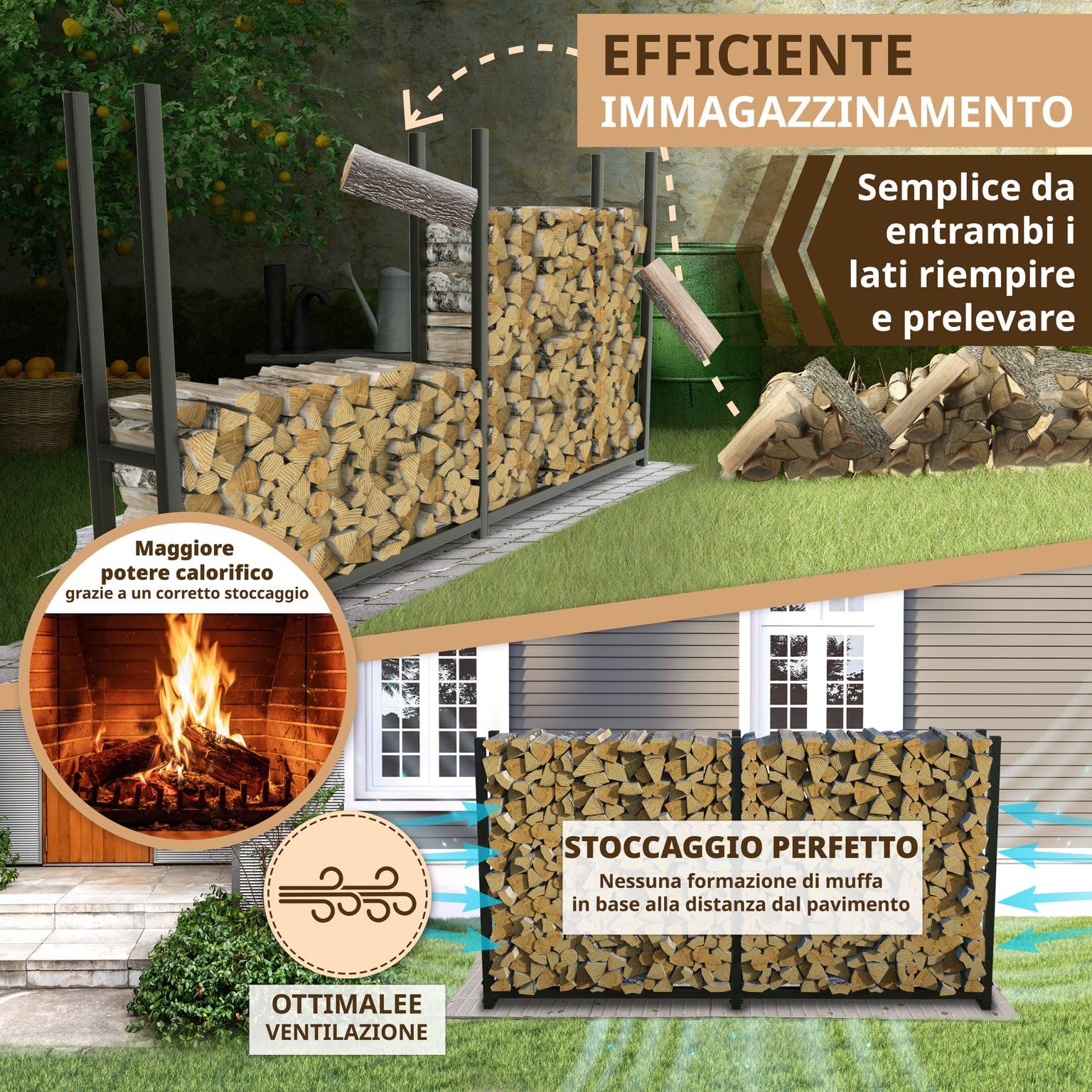 LAWA Rastrelliera per Legna da Ardere in Metallo Zincata 223x25x115cm Nera | Verniciata a Polvere, Per Esterni, Senza Telone, Per Giardino, Legnaia da Esterno, Scaffale per legna