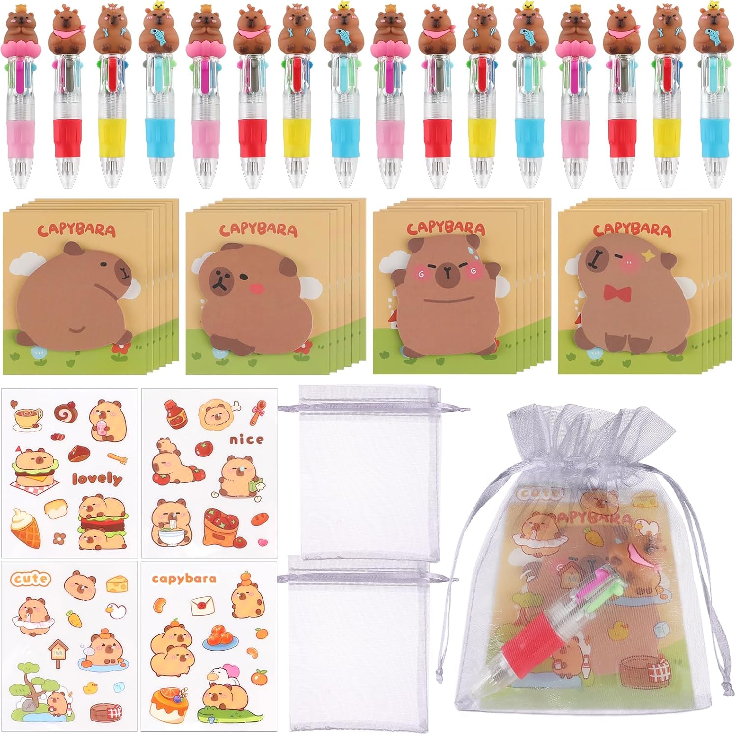 144 Pcs Appreciation Gifts Capybara Theme Party Giveaways 36 4-in-1 Ballpoint Pens 36 Capybara Stickers 36 Sticky Notes 36 Organza Bags for Birthday Party Goodies Bag Filler Office Supplies