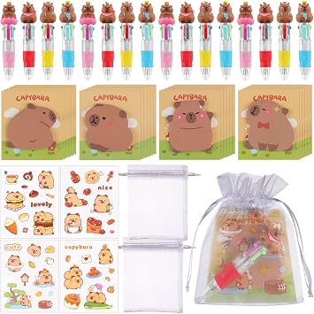 96Pcs Capybara Stationery Gift 4-in-1 Ballpoint Pens Sticky Notes Stickers Organza Cute Capybara Stationery Kit Capybara Learning Package for Office Back to School Students Birthday Reward Supplies