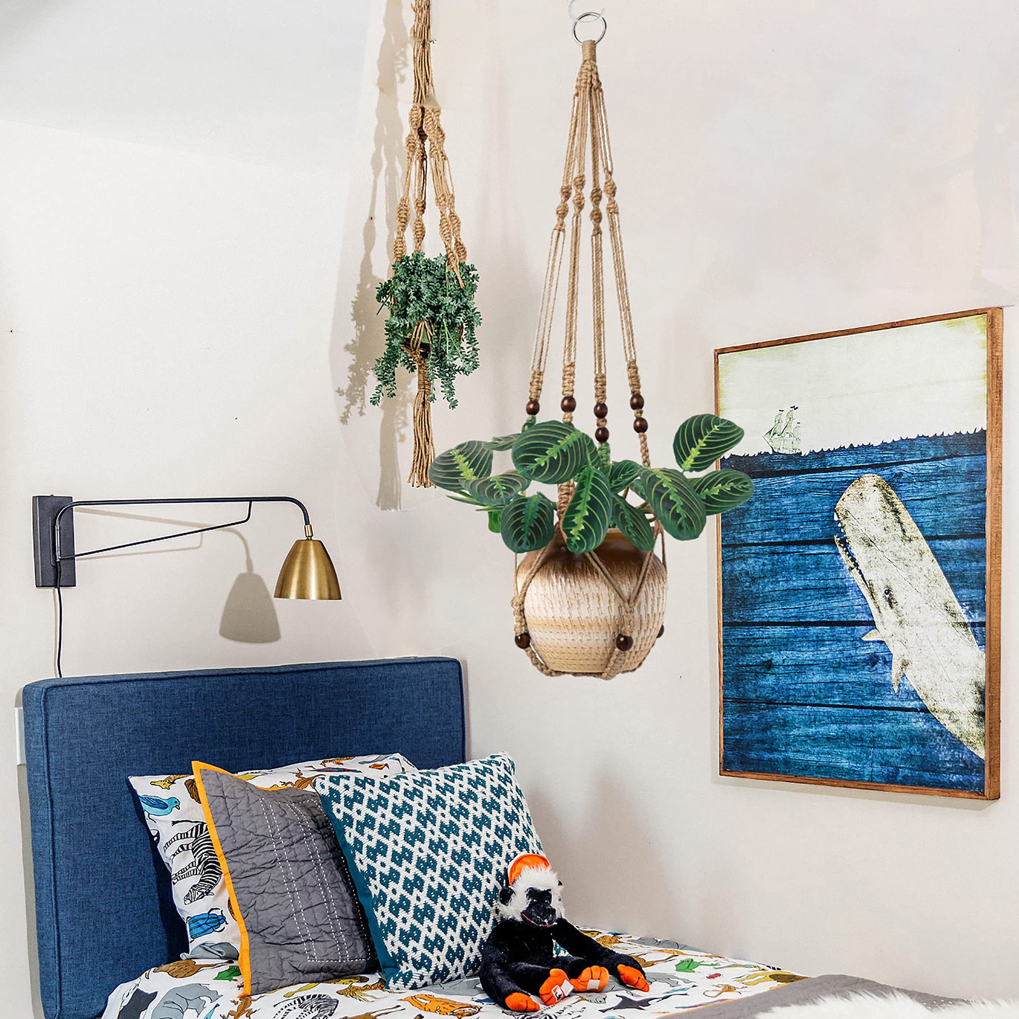 AKEIE Brown Macrame Plant Hanger Indoor Outdoor Plant Holder Basket 41'' Hanging Planter Rope w/Wood Beads No Tassels for Indoor Outdoor Boho Home Decor(Brown)