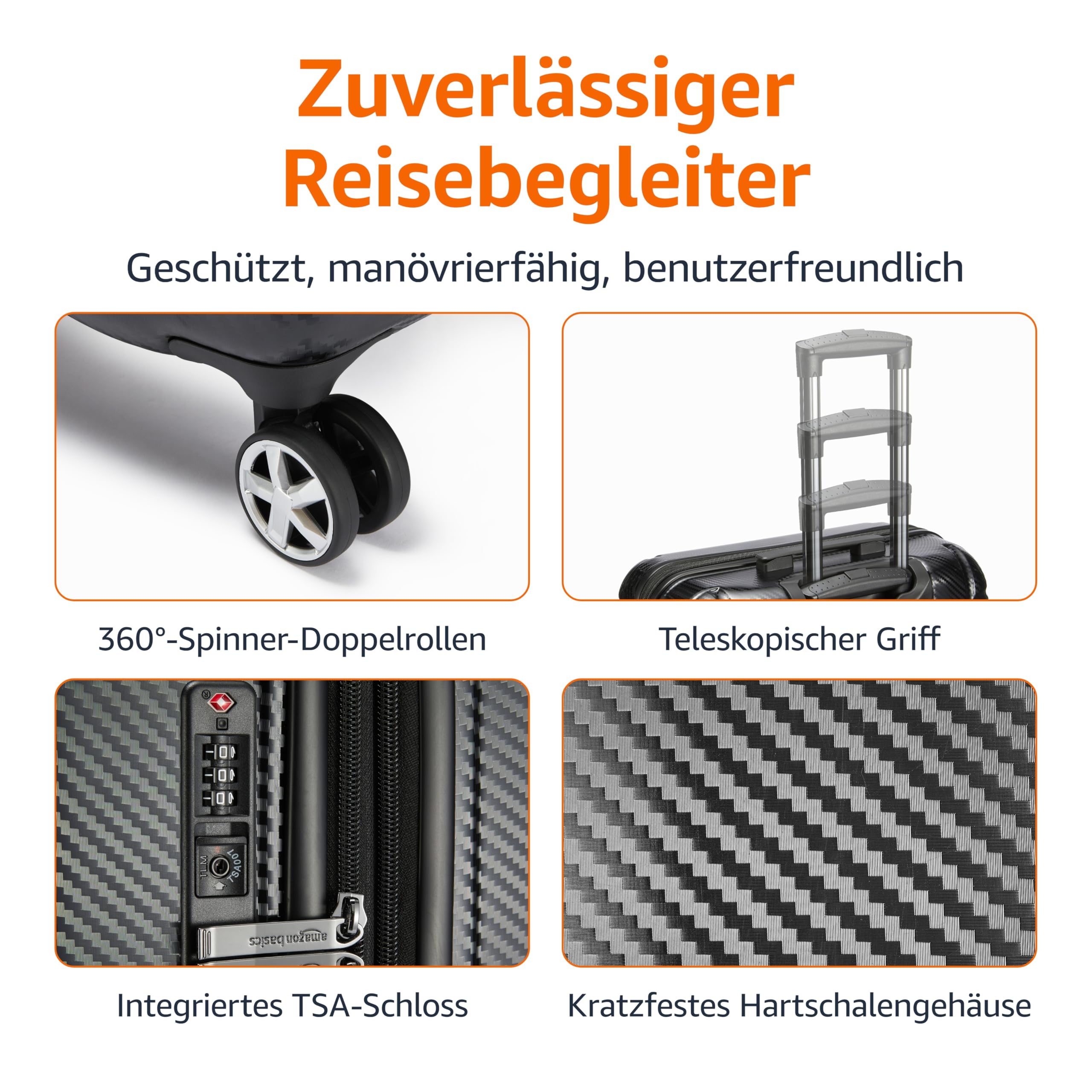 Amazon Basics Hartschalenkoffer, großer Koffer mit Rollen, Oxford Spinner mit TSA-Schloss, vier Rollrädern und kratzfester Oberfläche, 76 cm, schwarz