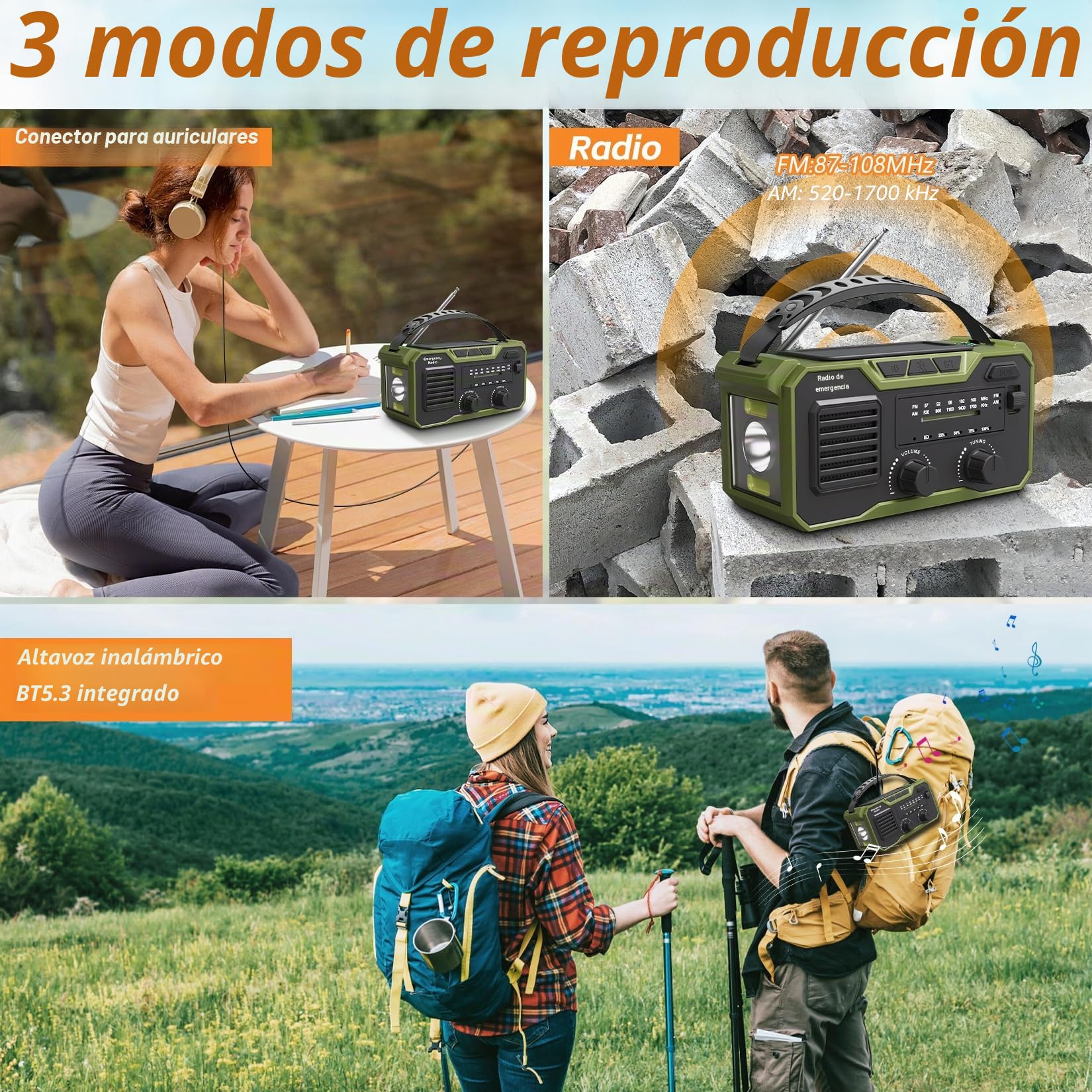 27000mAh Radio Emergencia, FM/Am Radios Solar y Recargable con Bluetooth 5.3/Alarma SOS/Brújula/Linterna, Radio De Dinamo para La Preparación Al Aire Libre para Desastres Naturales (Verde)