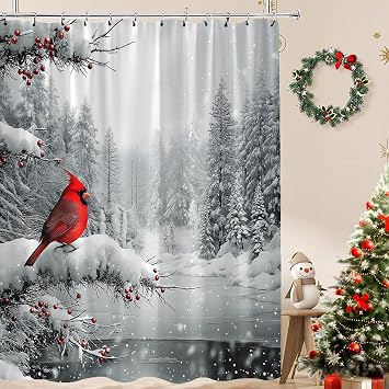 Winter Christmas Shower Curtain, Red Bird Xmas Tree Bath Decor 70x70IN