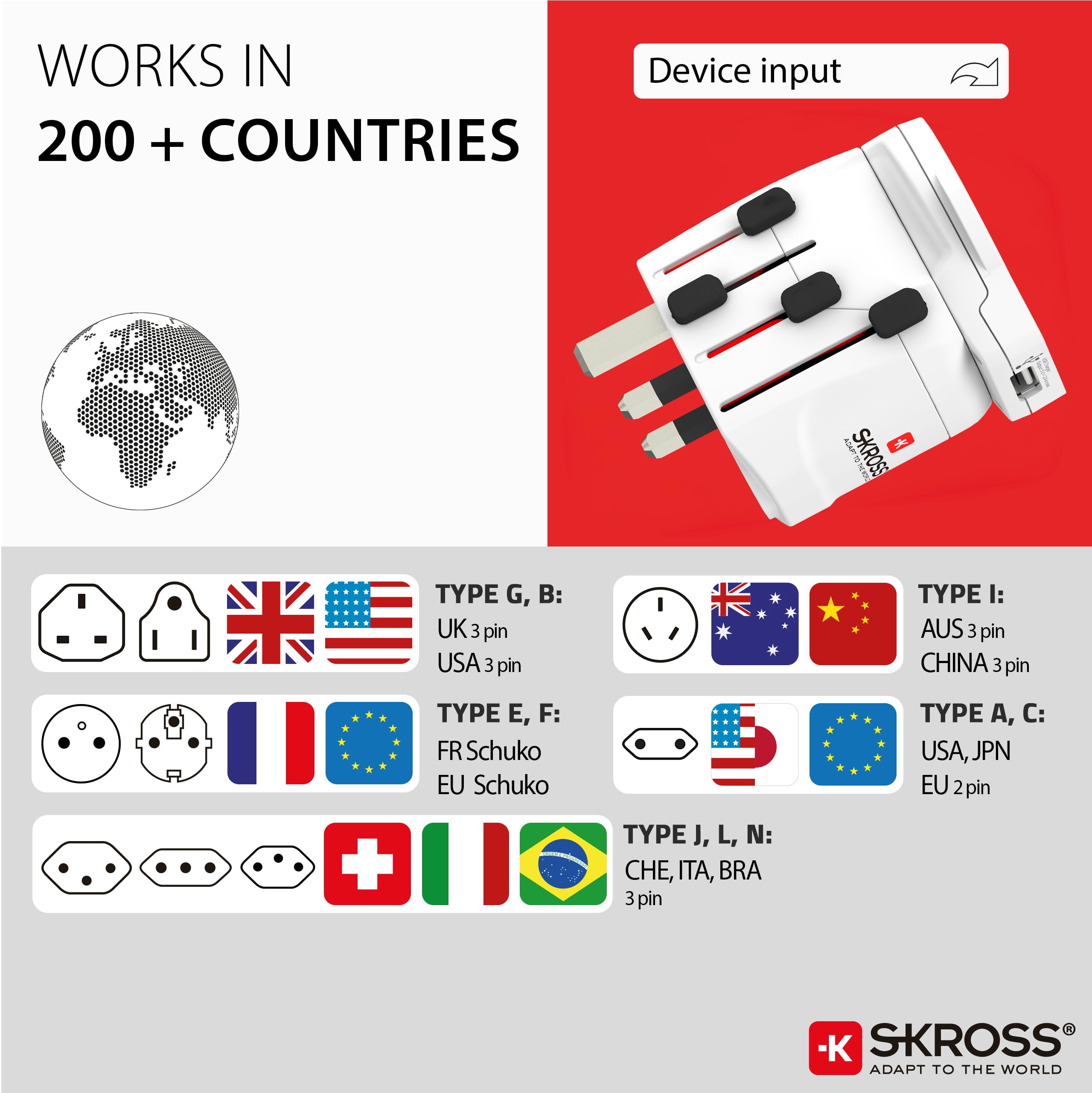 SKROSS 1.302539 | PRO – World & USB | 2 w 1 - Uniwersalny adapter podróżny do i z całego świata - Napięcie i moc: 100 V – 700 W / 250 V – 1750 W - Gniazdo USB 2,4 A - Ochrona przed wstrząsami, Biały