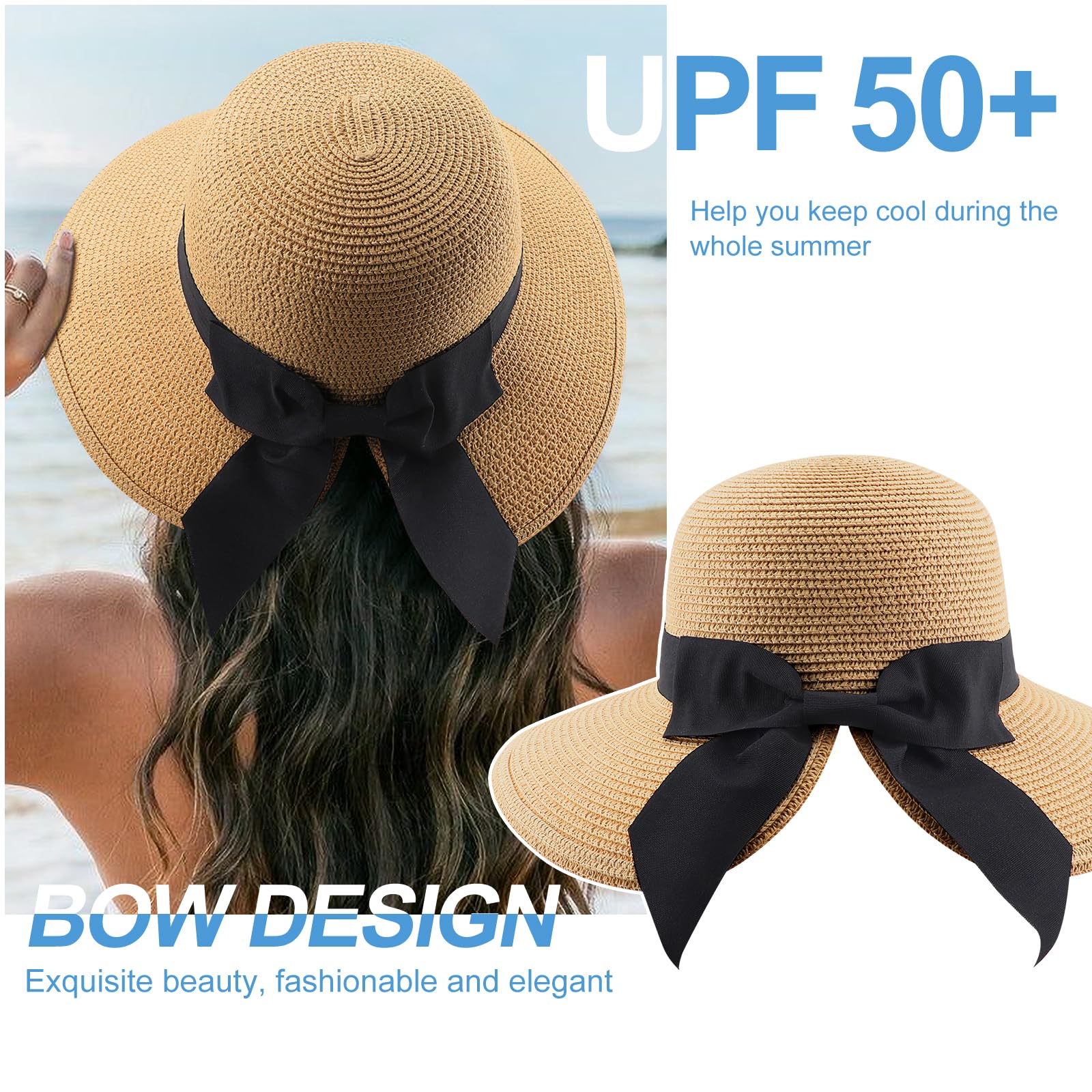 DRESHOW Cappelli da Sole per Donna Fedora da Viaggio Pieghevole da Spiaggia Cappello da Sole Sstivo a Tesa Larga in Paglia con Fiocco UPF 50+