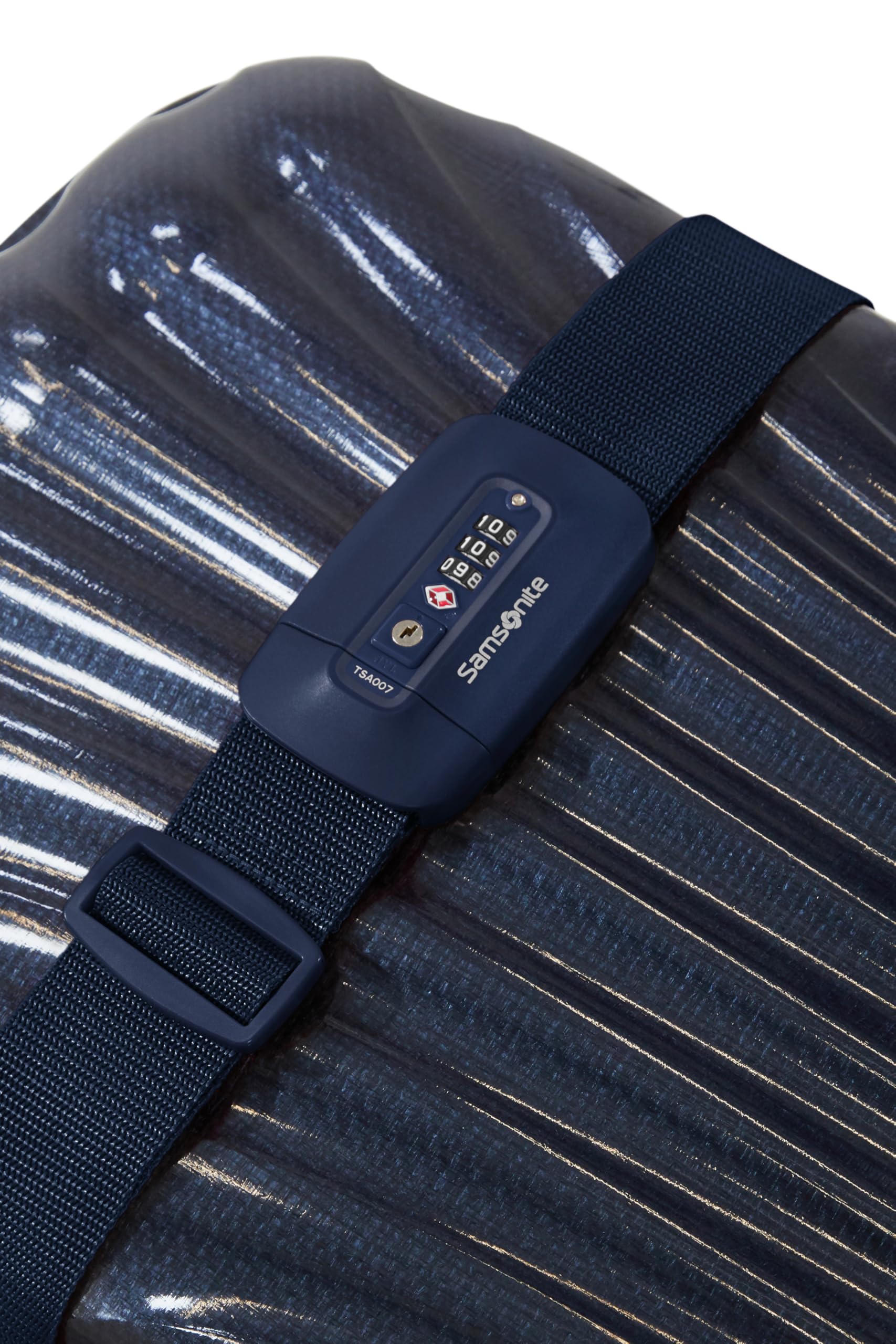 Samsonite TA Revolution – Pas Bagażowy z Zamkiem TSA, Regulowany 50mm, Wytrzymała Klamra, Bezpieczny Pas na Walizkę do Podróży, Niebieski (Midnight Blue)