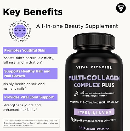 Miniatura 4 de Vital Vitamins Multi Collagen Plus - Biotina, ácido hialurónico, vitamina C - Colágeno para mujeres y hombres - Suplemento de apoyo al crecimiento