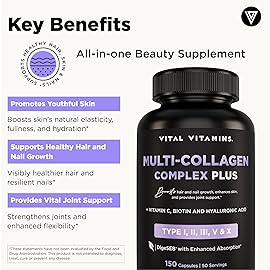 Vital Vitamins Multi Collagen Complex Plus - with Biotin, Hyaluronic Acid, Vitamin C - Type I, II, III, V, X - for Women & Men - Hair, Skin, Nails Beauty Complex - 150 Capsules