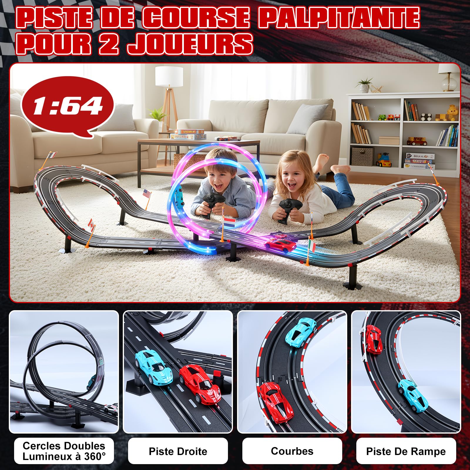 Circuit Voiture Electrique Lumineuse 1:64 Piste - 4 LED Voitures