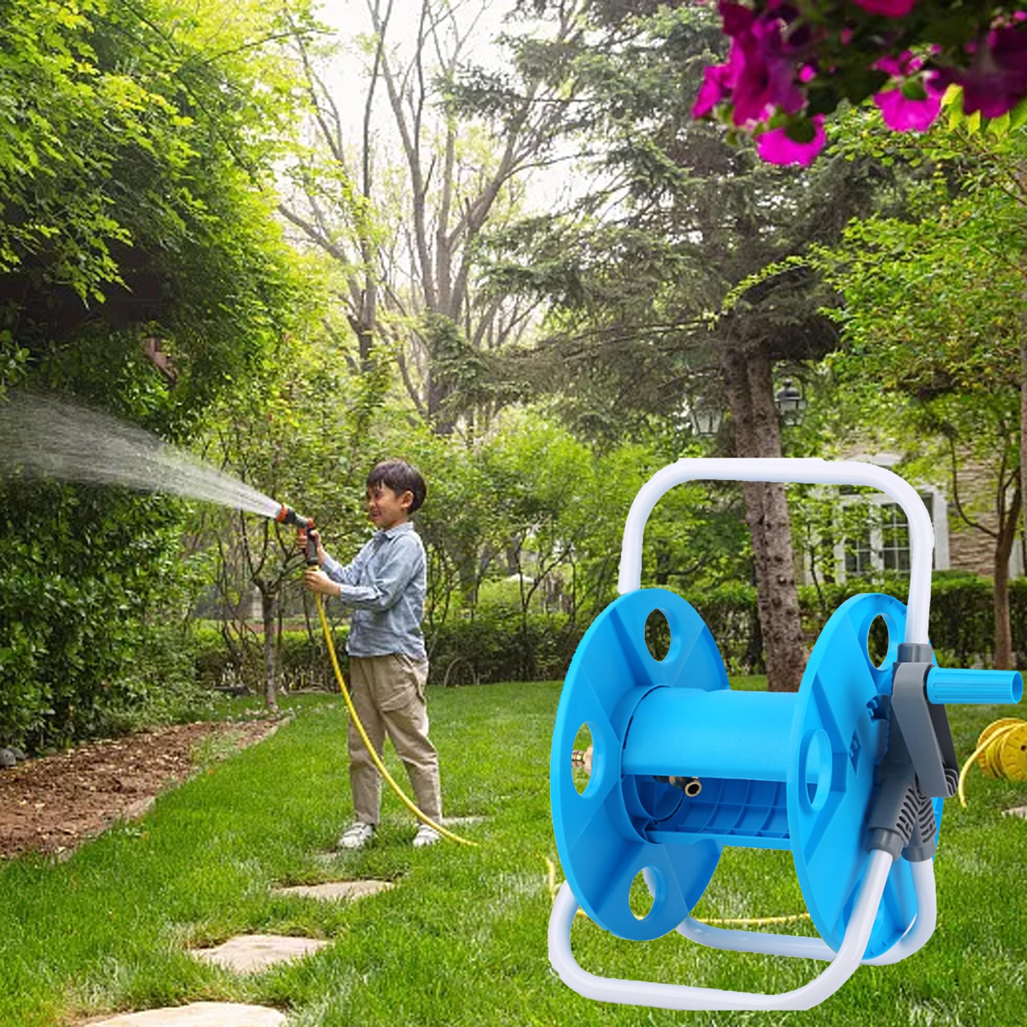 Bobina de Manguera 1/2" 45m, Carrete Portamanguera de Agua, Diseño Compacto, Manivela Manual Recogida Rápida, Previene que la Manguera se Doble, Fácil de Transportar y Almacenar