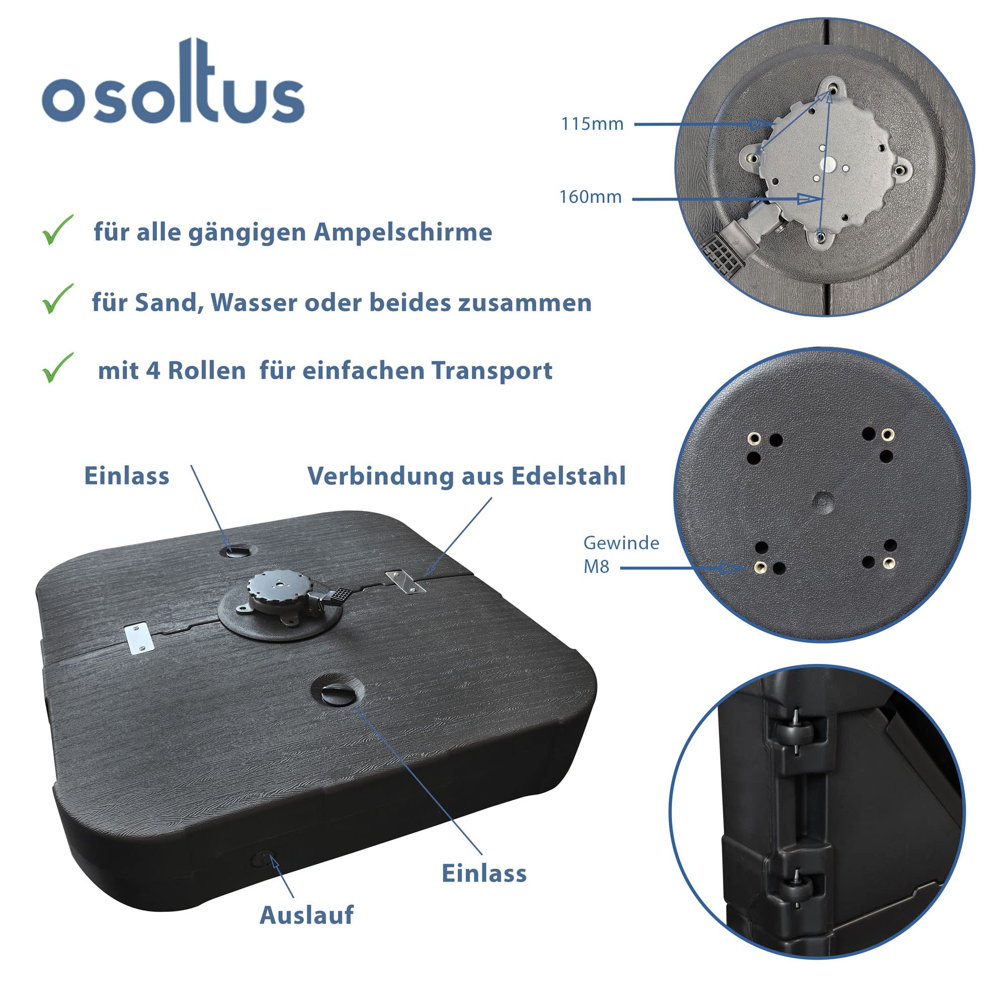osoltus Schirmständer für Ampelschirm befüllbar mit Wasser Sand 150kg rollbar