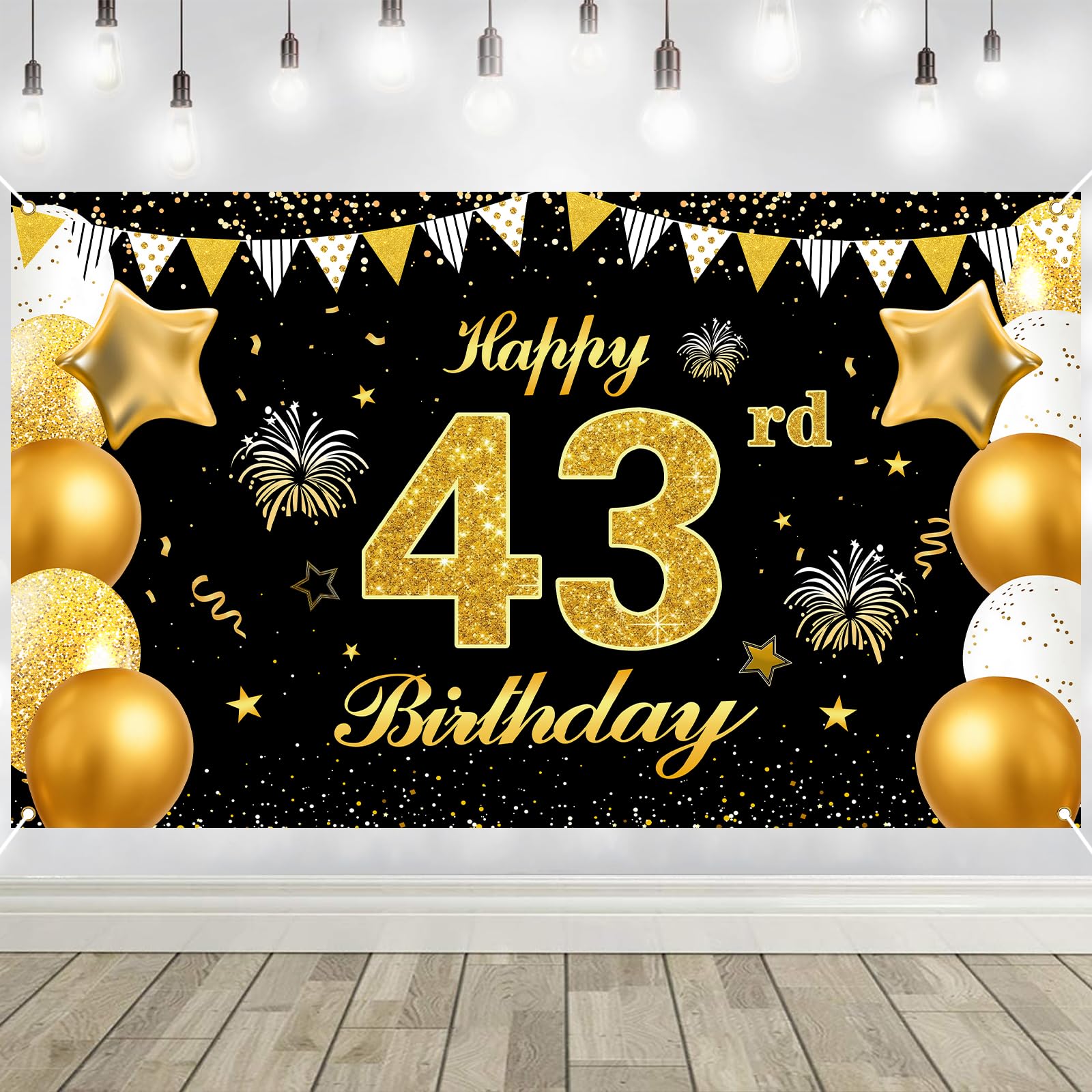 43rd Birthday Decorations Banner Gold Black Happy Birthday Door Banner for Party Photo Backdrop for Men Women Home Outdoor Cover Party Decoration Supplies Poster