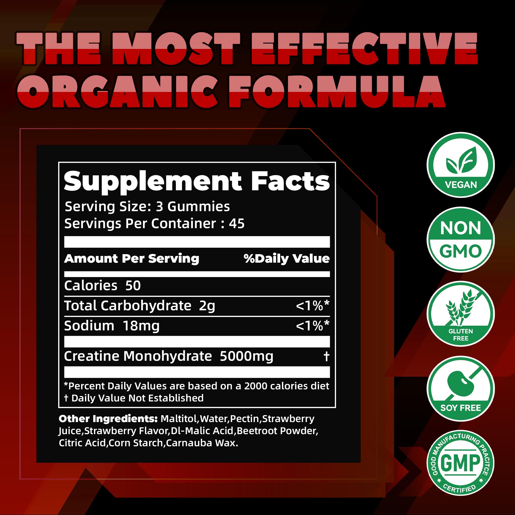 Creatine Monohydrate Gummies (5g) – Pre-Workout Energy & Muscle Growth Support for Men & Women | Strawberry Electrolyte Gummies (135 Count) — Amazon image 3