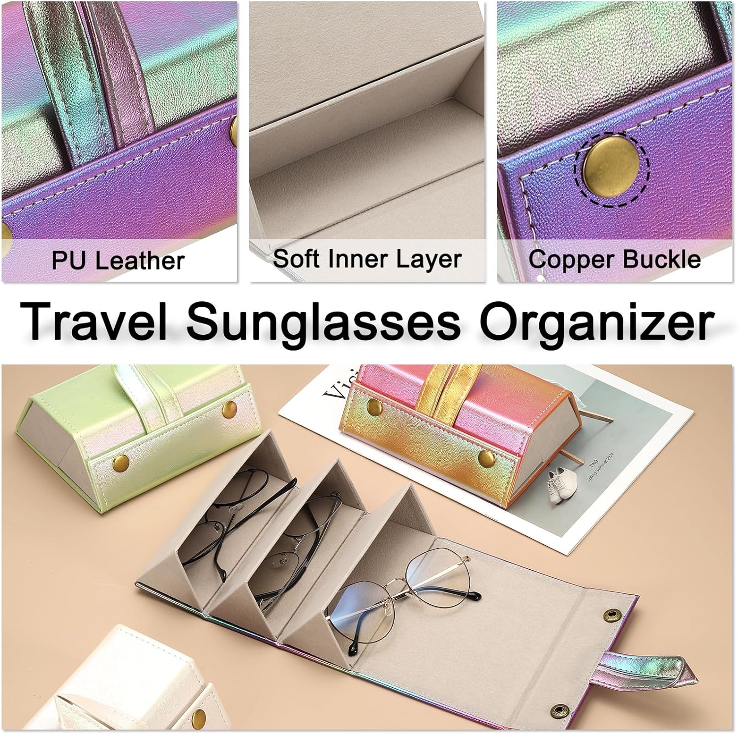 PATIKIL Travel Sunglasses Organizer, Foldable Sunglasses Holder Leather Sunglass Storage Organizer Case Portable - Image 3