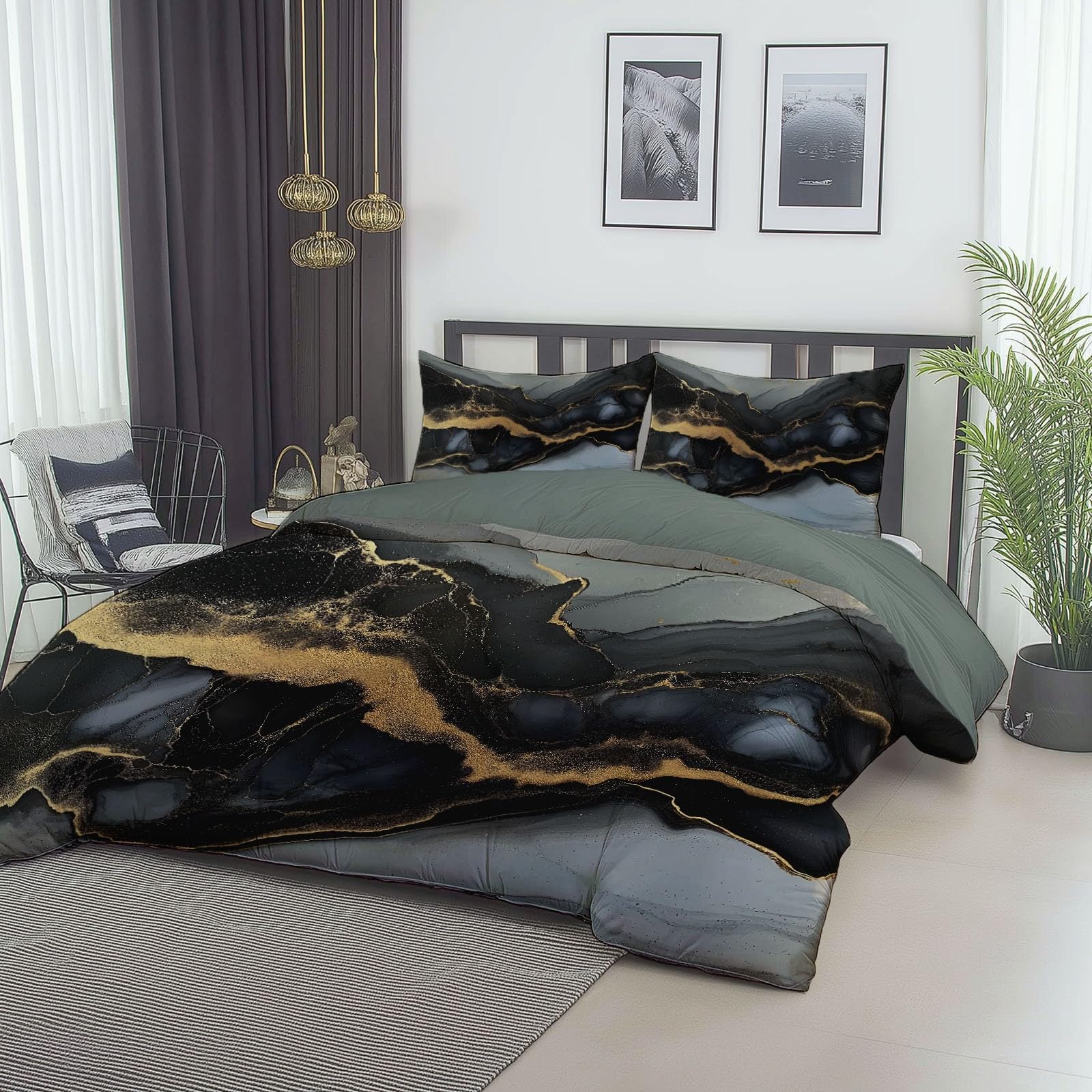 Generico Set Copripiumino Matrimoniale 200 x 200 cm, Copripiumino Matrimoniale 3 Pezzi in Microfibra Con Motivo Moderno Marmo Linee, Comprendente 1 Copripiumino + 2 Federe, Verde Chiaro