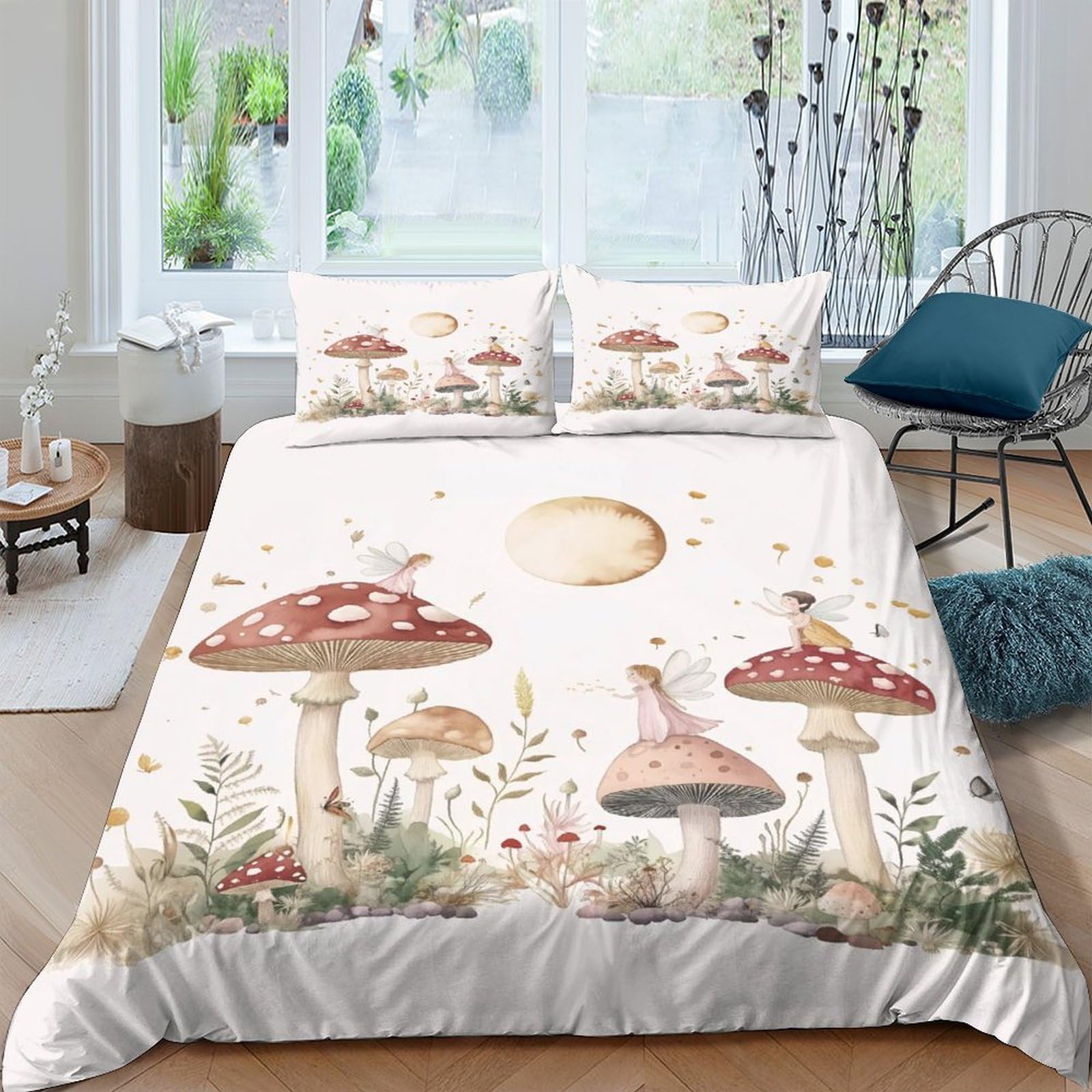 TUFRTGYHN 3D Printed Mushroom Forest Duvet Cover Microfiber Soft Breathable Fairy Woodland Bedding Set with 2 Pillowcases for Bedroom Decor Single（135x200cm）