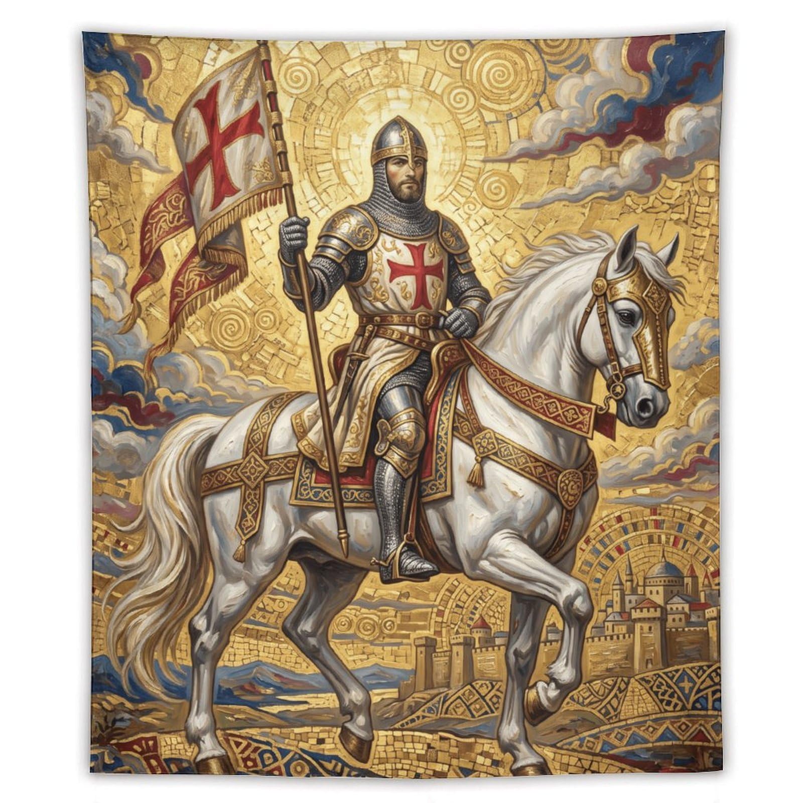 W7C8U2X3 Templar Knight Wall Tapestry, Medieval Illustration, White Horse